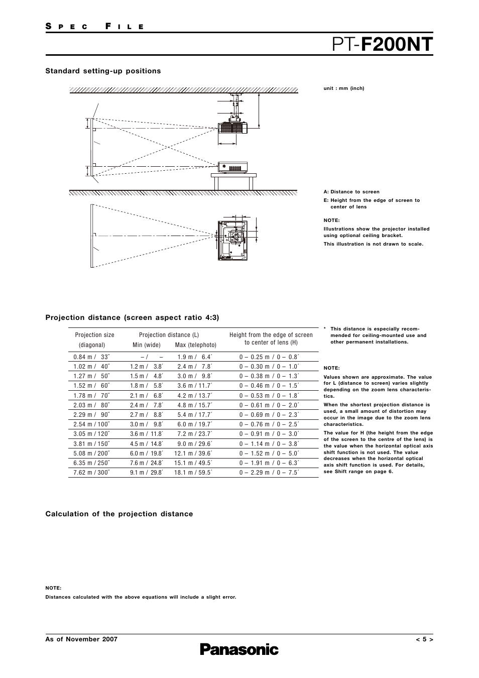 Setting-up positions, Projection distance, Calculation formula | Pt- f200nt, Lcd projector | Panasonic PT-F200NTEA User Manual | Page 5 / 11