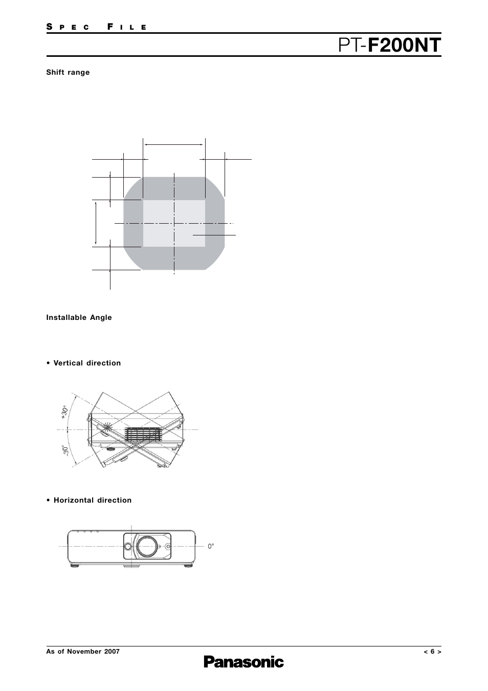 Shift range, Installation angle, Pt- f200nt | Panasonic PT-F200NTEA User Manual | Page 6 / 11