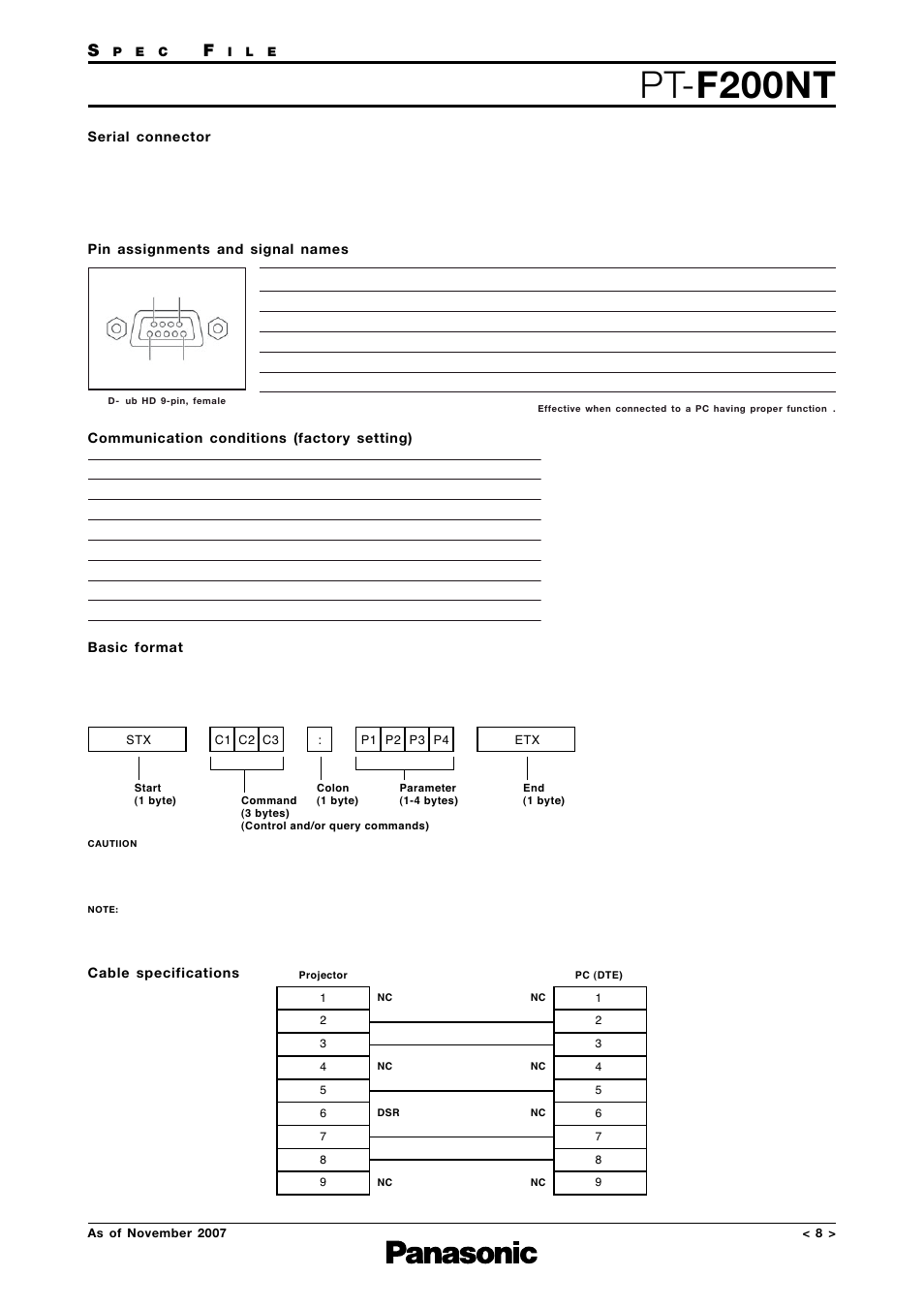 Serial connector, Pin assignment, Communication conditions | Basic format, Cable specifications, Pt- f200nt, Lcd projector | Panasonic PT-F200NTEA User Manual | Page 8 / 11
