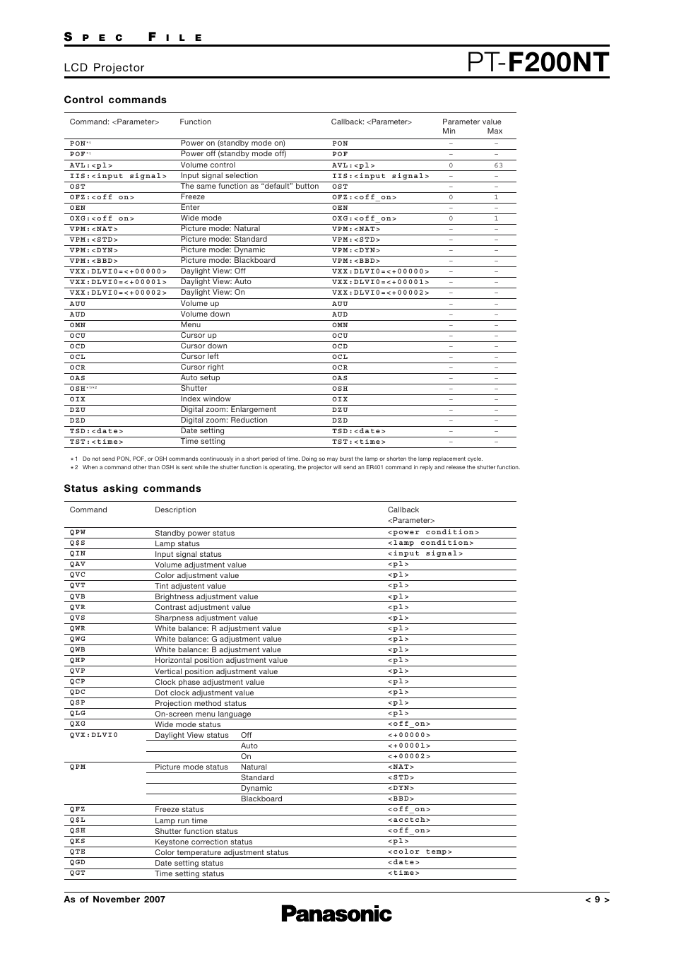 Control commands, Status asking commands, Pt- f200nt | Lcd projector | Panasonic PT-F200NTEA User Manual | Page 9 / 11