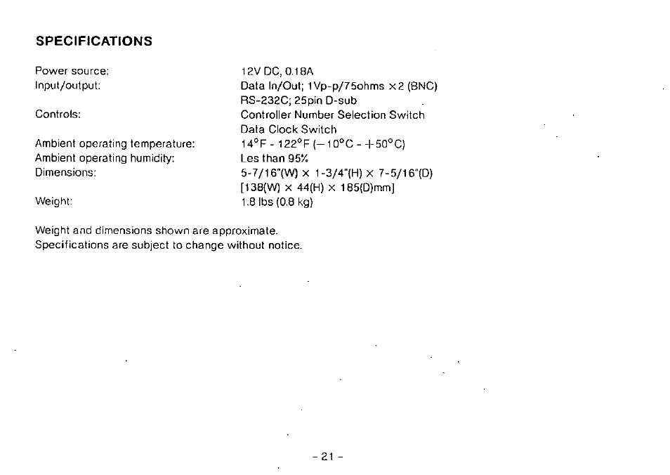 Specifications | Panasonic WJ-PC10 User Manual | Page 23 / 24