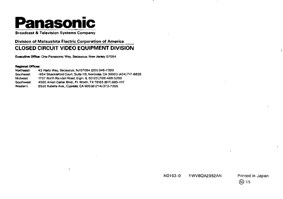 Closed circuit video equipment division, Panasonic | Panasonic WJ-PC10 User Manual | Page 24 / 24