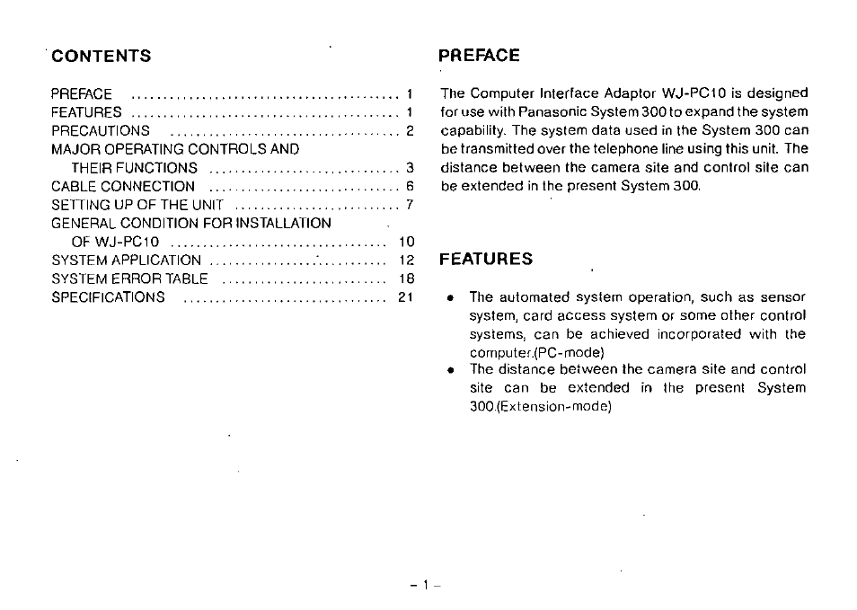 Features, Contents preface | Panasonic WJ-PC10 User Manual | Page 3 / 24