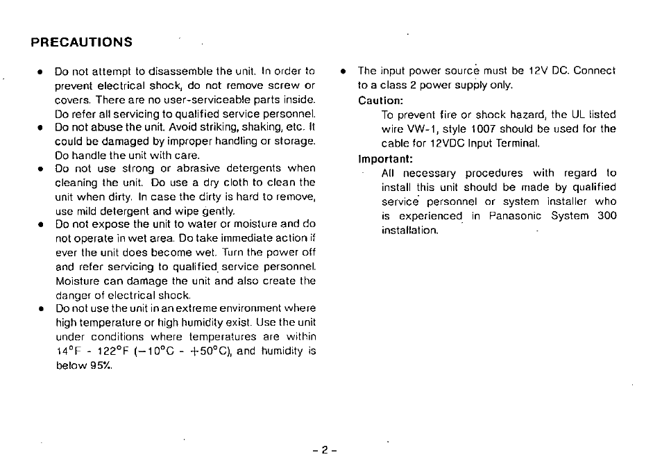 Precautions | Panasonic WJ-PC10 User Manual | Page 4 / 24