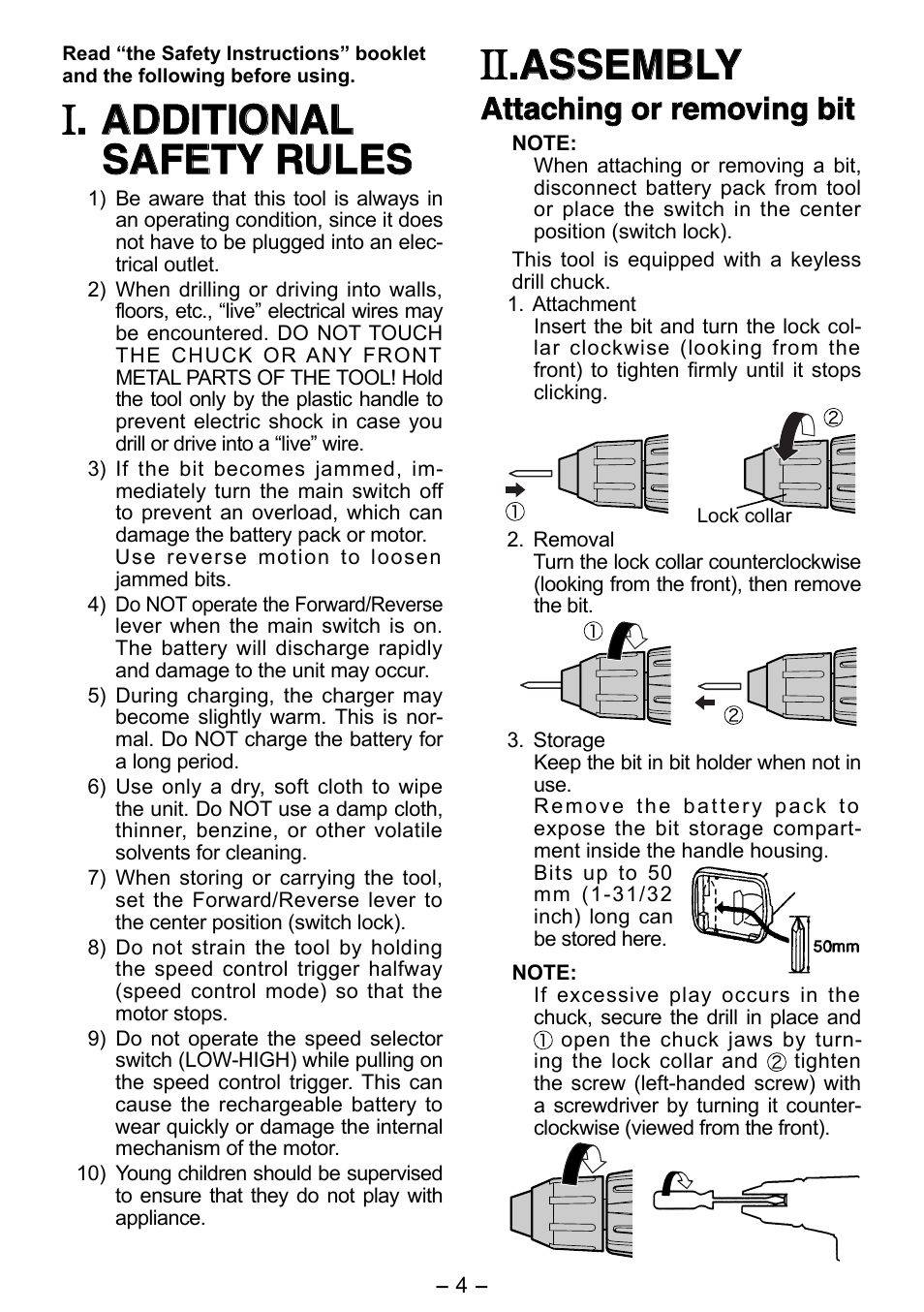 Additional additional safety rules safety rules, Assembly assembly, Attaching or removing bit | Panasonic EY6450 User Manual | Page 4 / 12