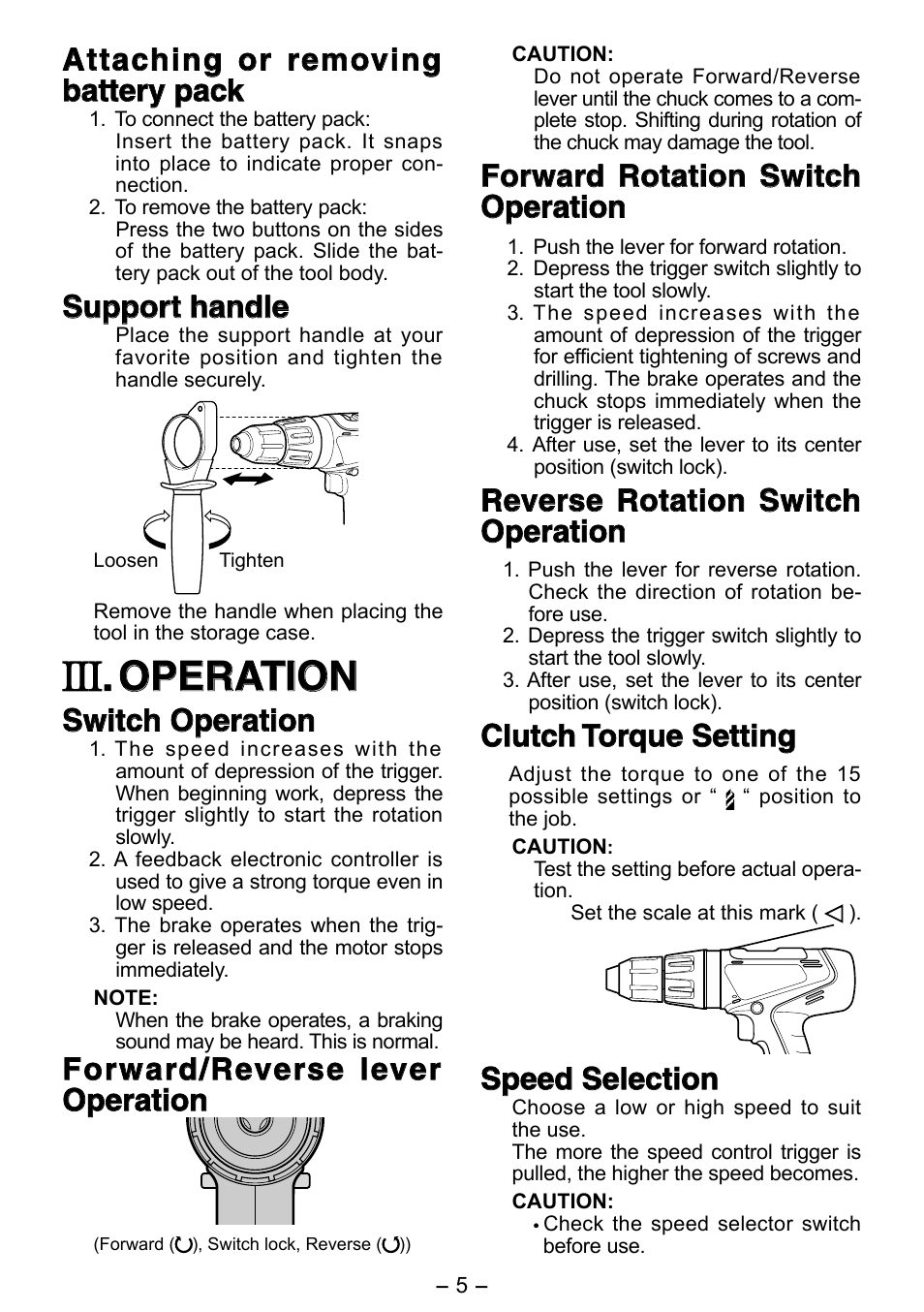 Operation operation, Support handle, Switch operation | Clutch torque setting, Speed selection | Panasonic EY6450 User Manual | Page 5 / 12