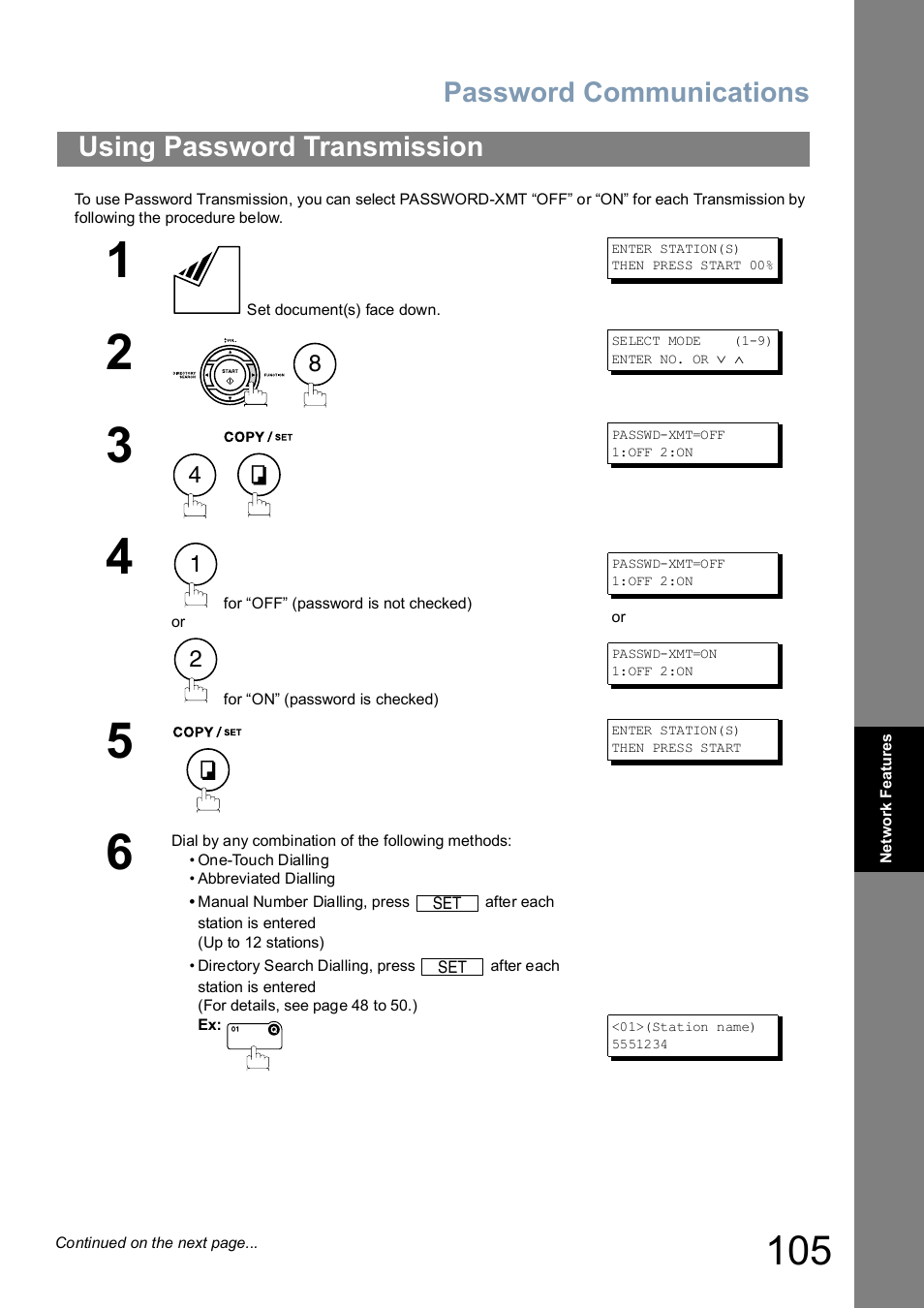 Using password transmission, Password communications | Panasonic UF-5100 User Manual | Page 105 / 156