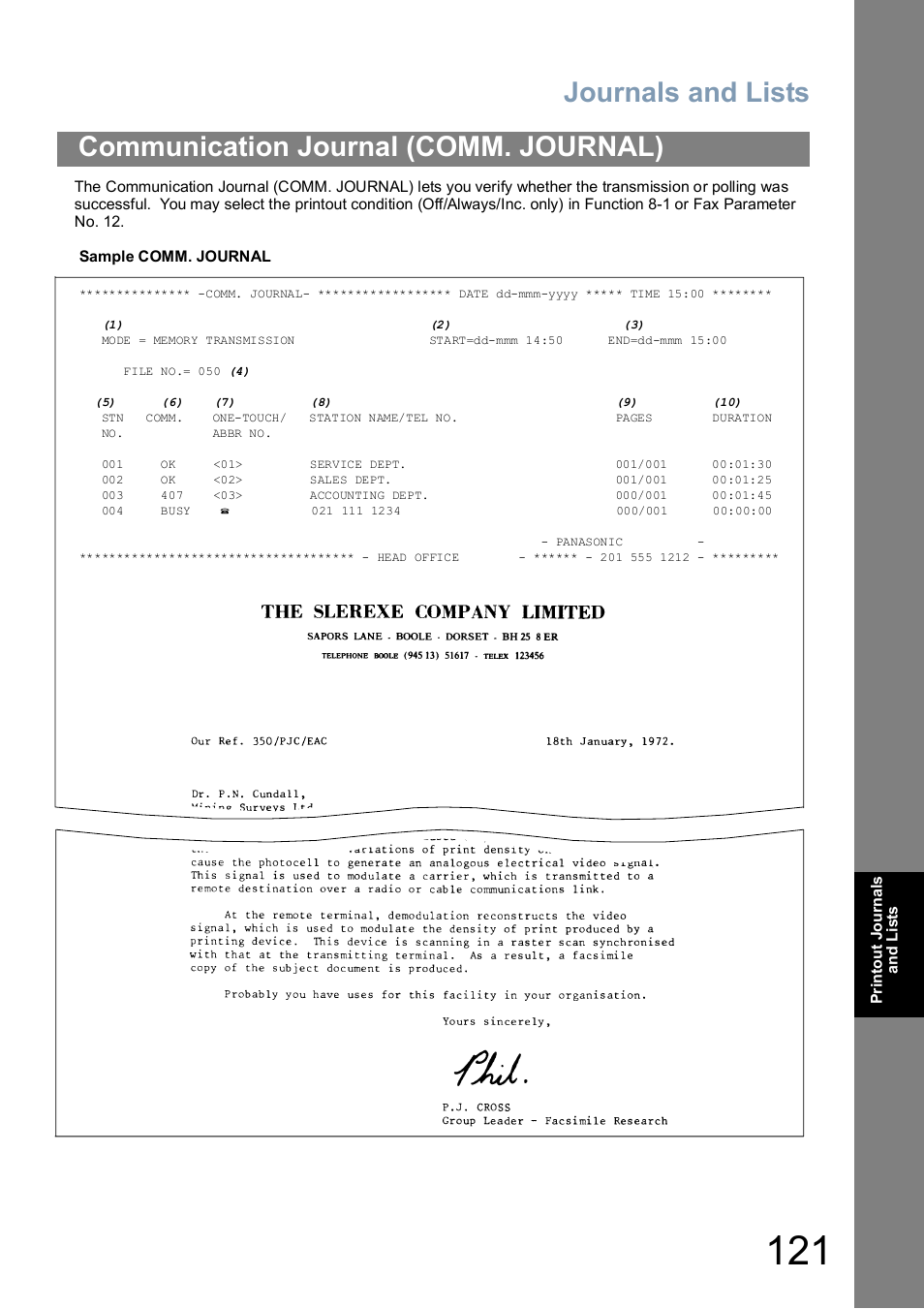 Communication journal (comm. journal), Journals and lists | Panasonic UF-5100 User Manual | Page 121 / 156