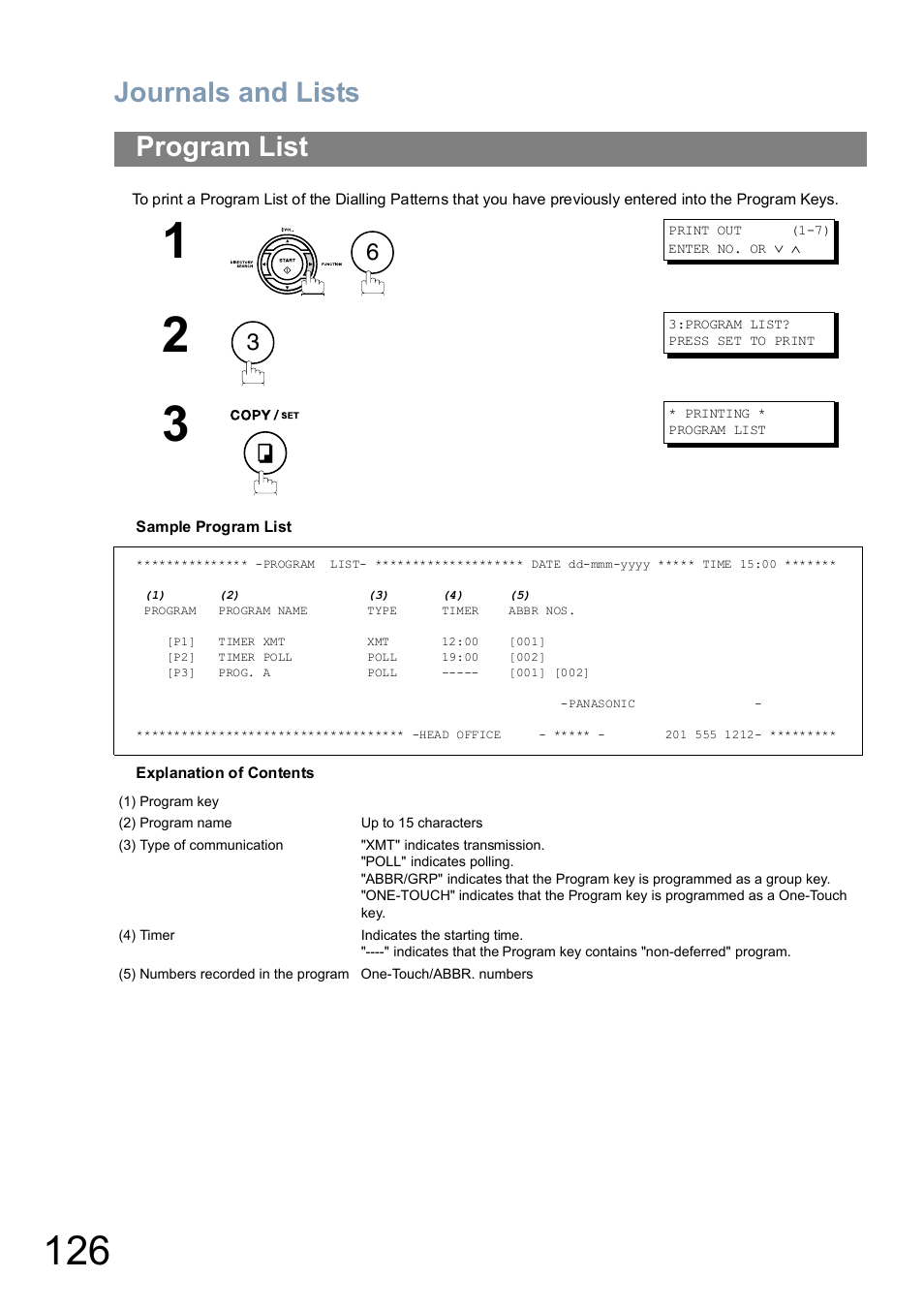 Program list, Journals and lists | Panasonic UF-5100 User Manual | Page 126 / 156