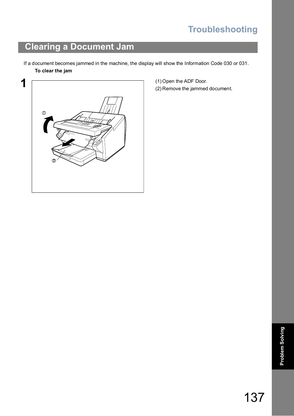 Clearing a document jam, Troubleshooting | Panasonic UF-5100 User Manual | Page 137 / 156