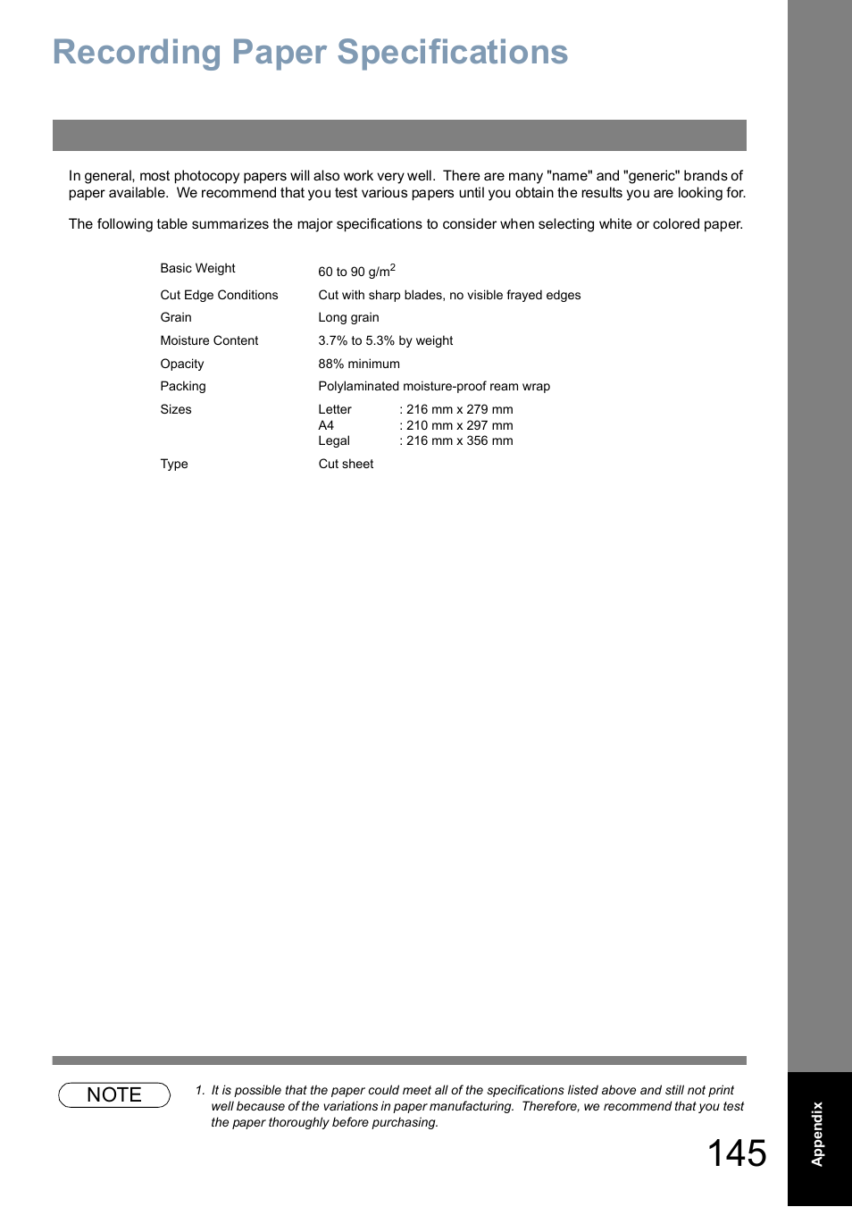 Paper specifications, Recording paper specifications | Panasonic UF-5100 User Manual | Page 145 / 156