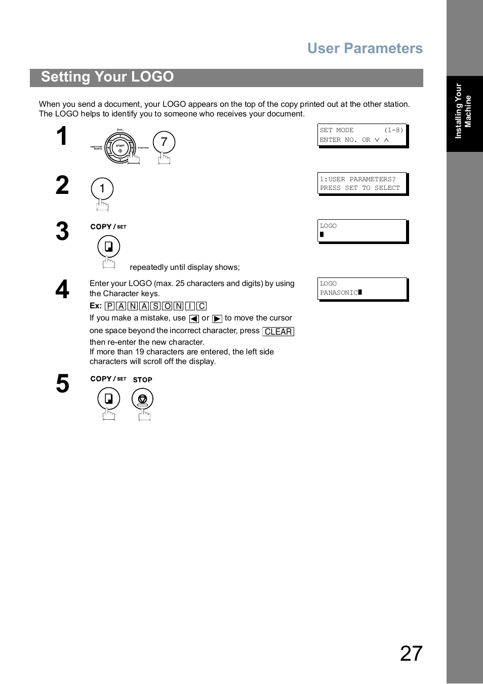 Setting your logo, User parameters | Panasonic UF-5100 User Manual | Page 27 / 156