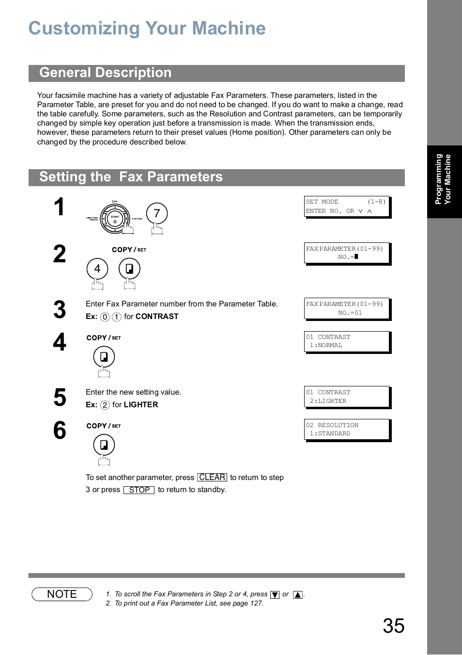 Customizing your machine, General description, Setting the fax parameters | General description setting the fax parameters | Panasonic UF-5100 User Manual | Page 35 / 156