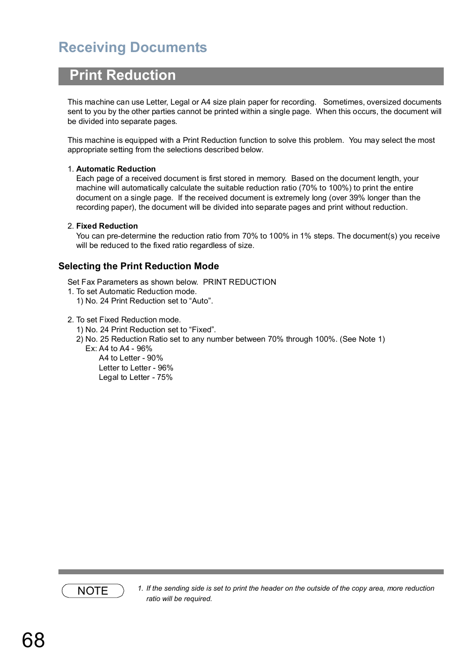 Print reduction, Receiving documents | Panasonic UF-5100 User Manual | Page 68 / 156