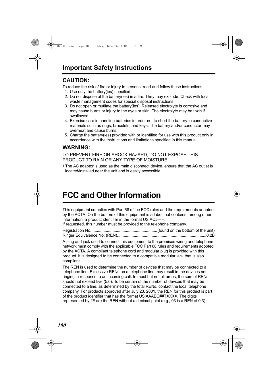 Important safety instructions, Caution, Warning | Fcc and other information | Panasonic KX-TG6502 User Manual | Page 100 / 108