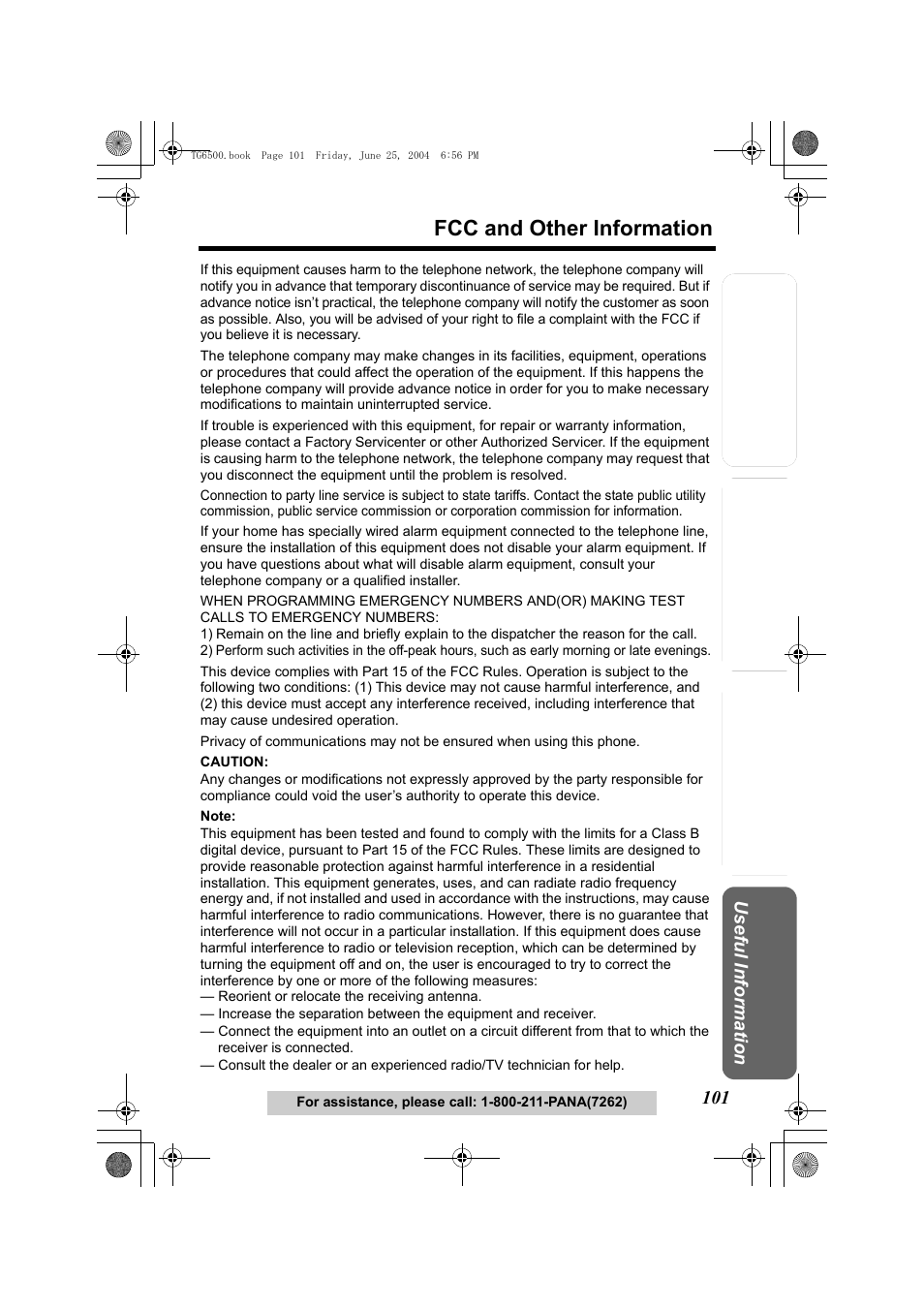 Fcc and other information | Panasonic KX-TG6502 User Manual | Page 101 / 108