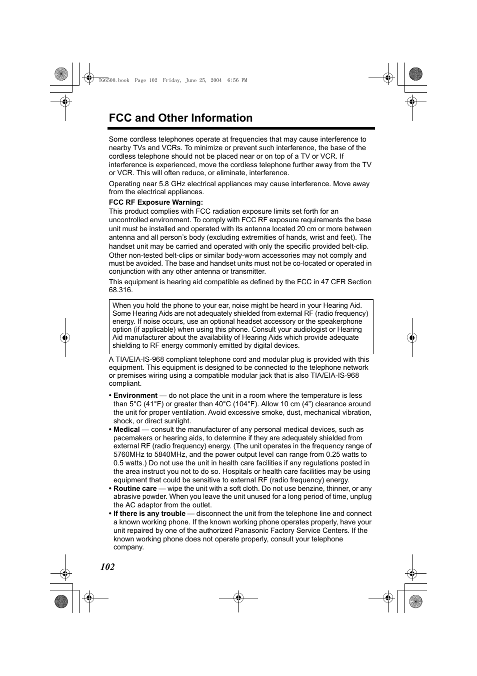 Fcc and other information | Panasonic KX-TG6502 User Manual | Page 102 / 108