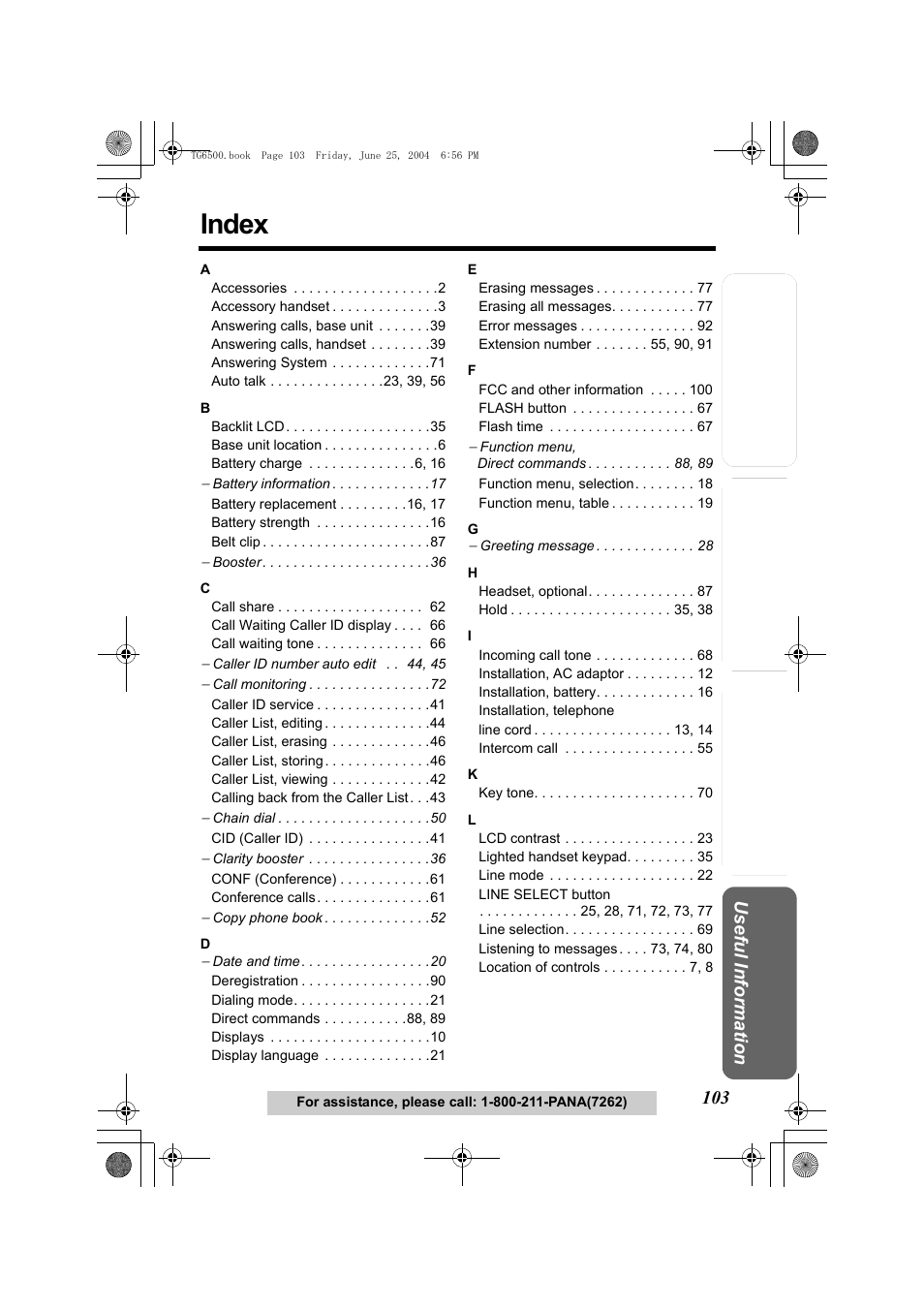 Index | Panasonic KX-TG6502 User Manual | Page 103 / 108