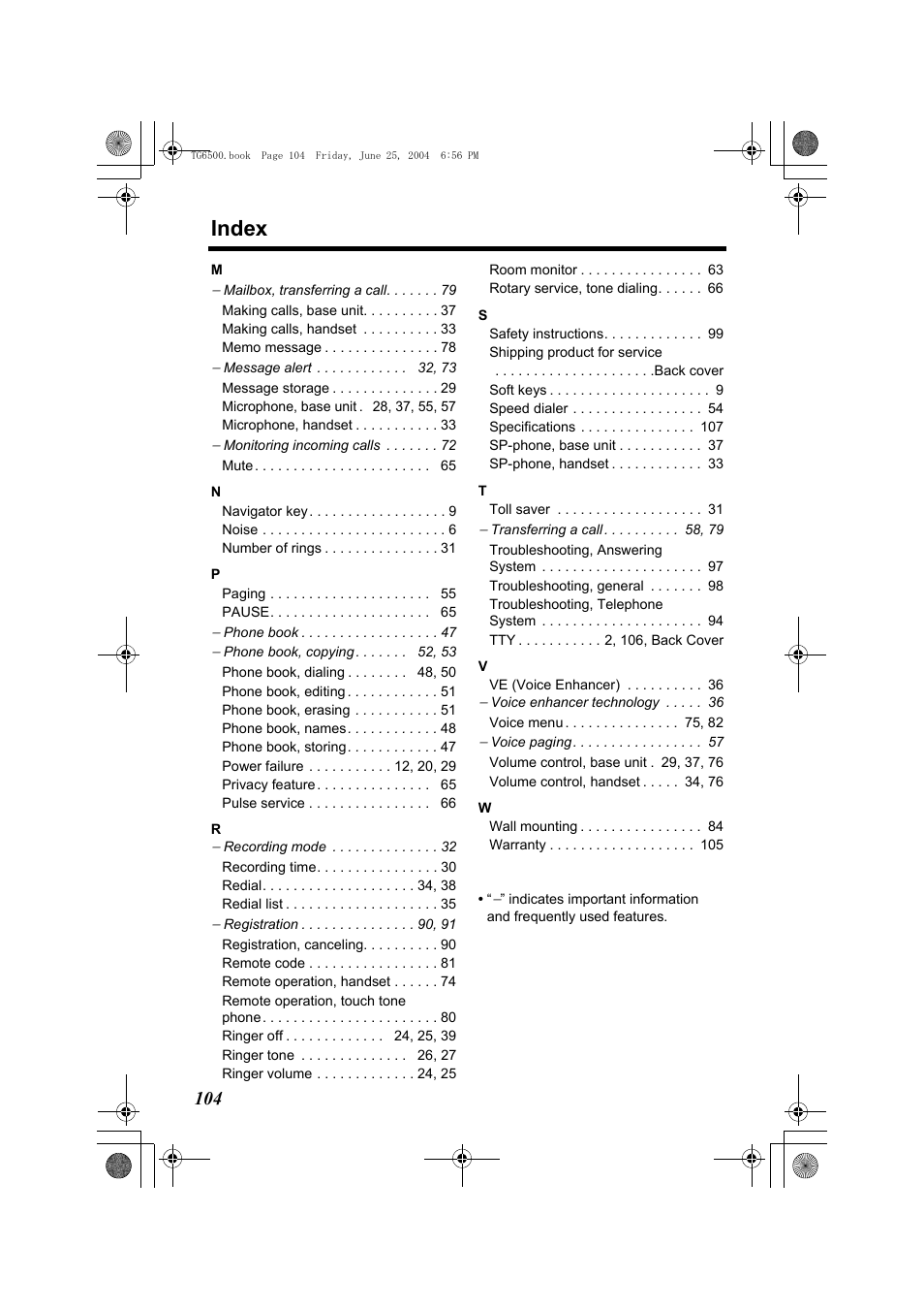 Index | Panasonic KX-TG6502 User Manual | Page 104 / 108