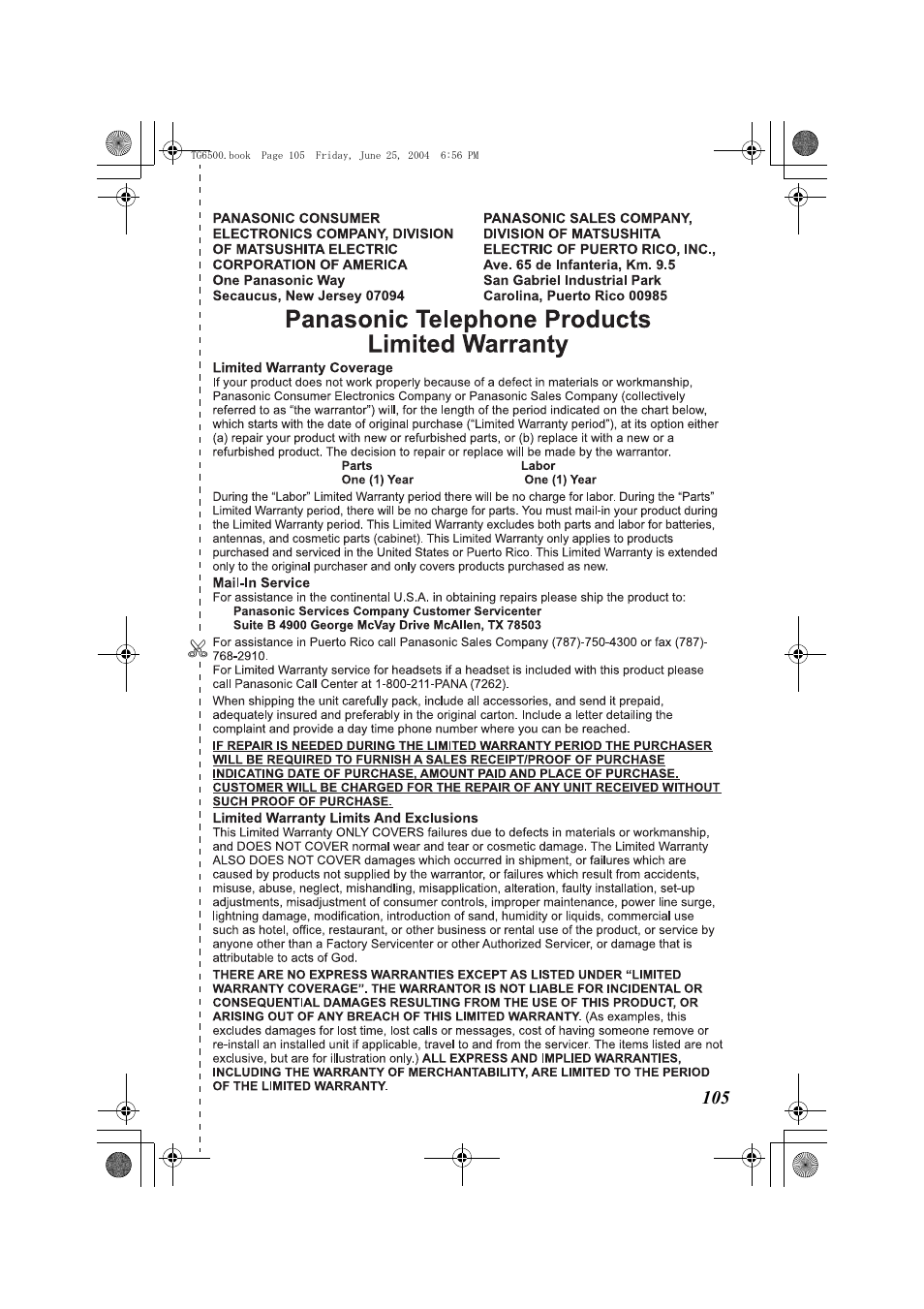 Panasonic KX-TG6502 User Manual | Page 105 / 108