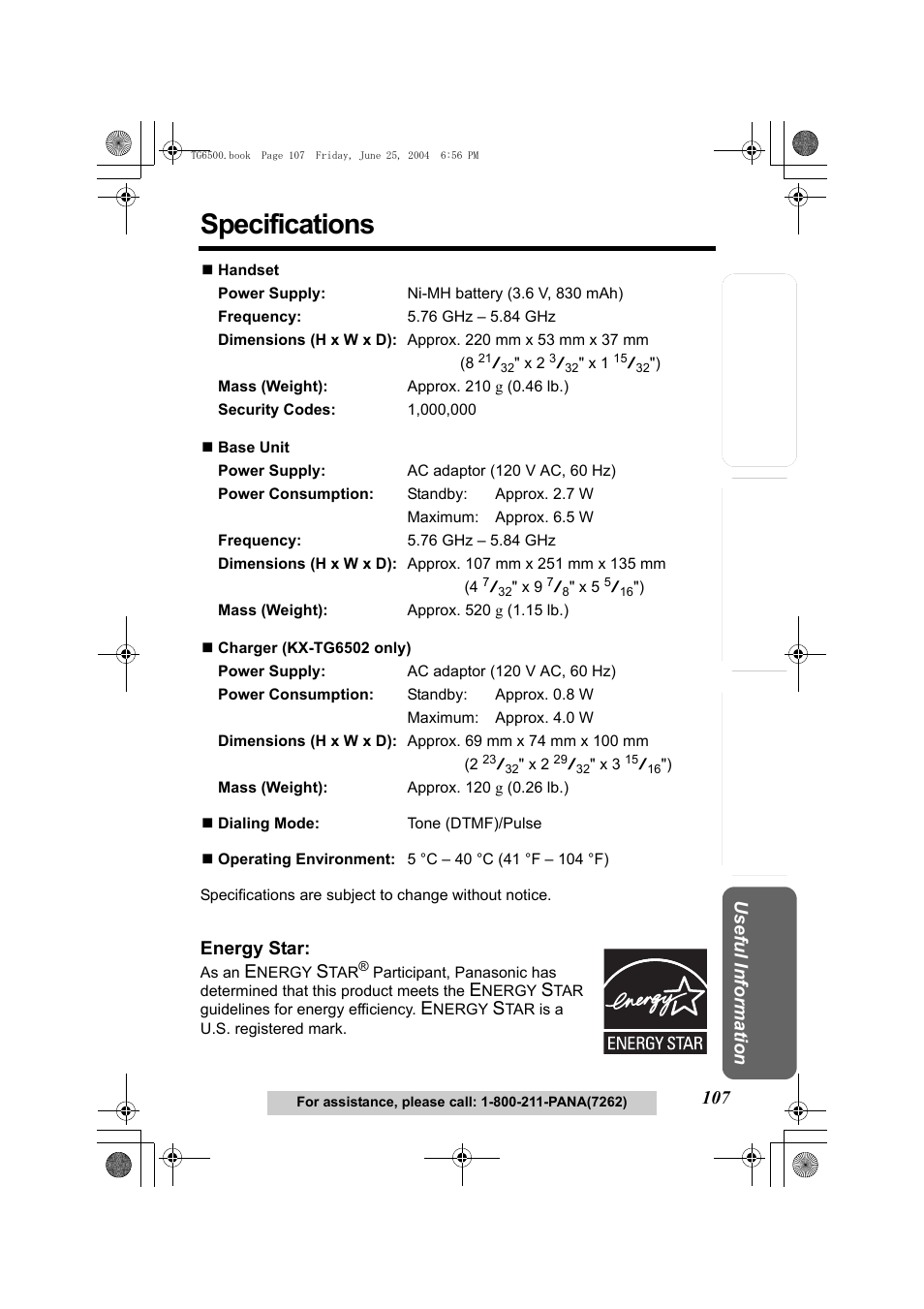 Specifications, Energy star | Panasonic KX-TG6502 User Manual | Page 107 / 108