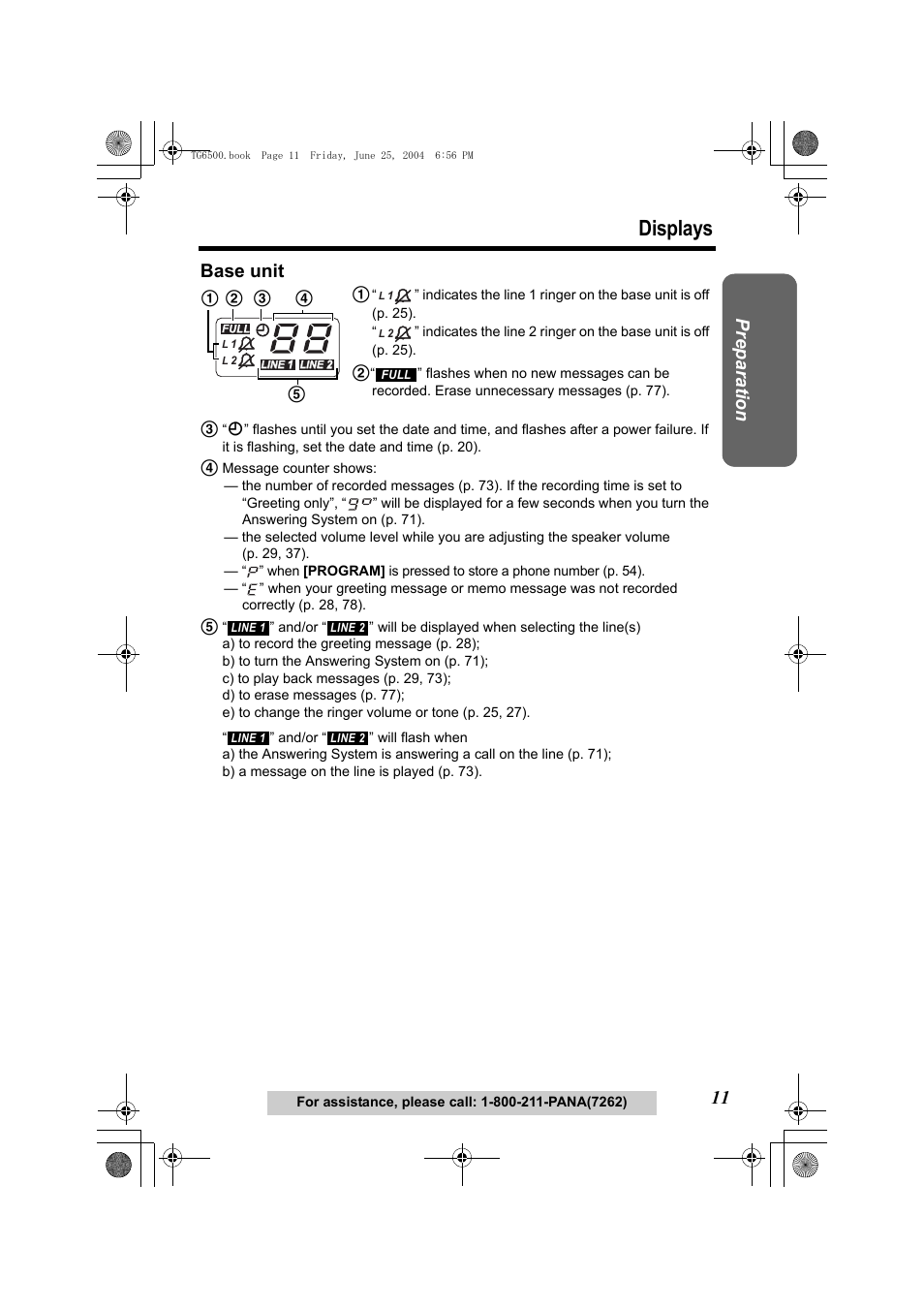 Base unit, P. 11), Displays | Preparatio n | Panasonic KX-TG6502 User Manual | Page 11 / 108