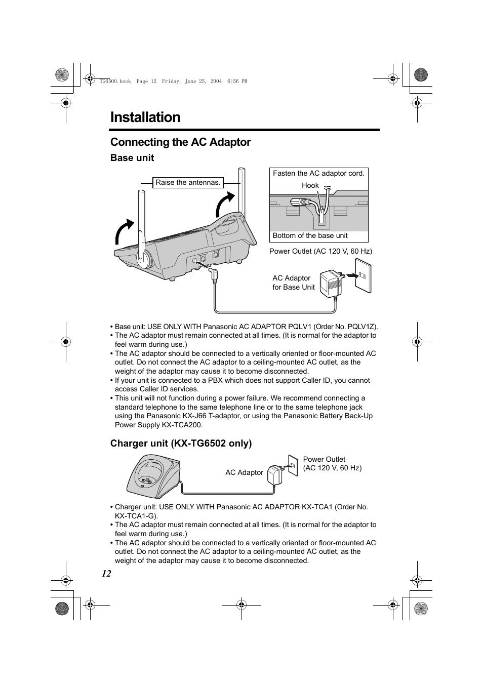 Installation, Connecting the ac adaptor, Base unit | Charger unit (kx-tg6502 only), P. 12), It (p. 12) | Panasonic KX-TG6502 User Manual | Page 12 / 108