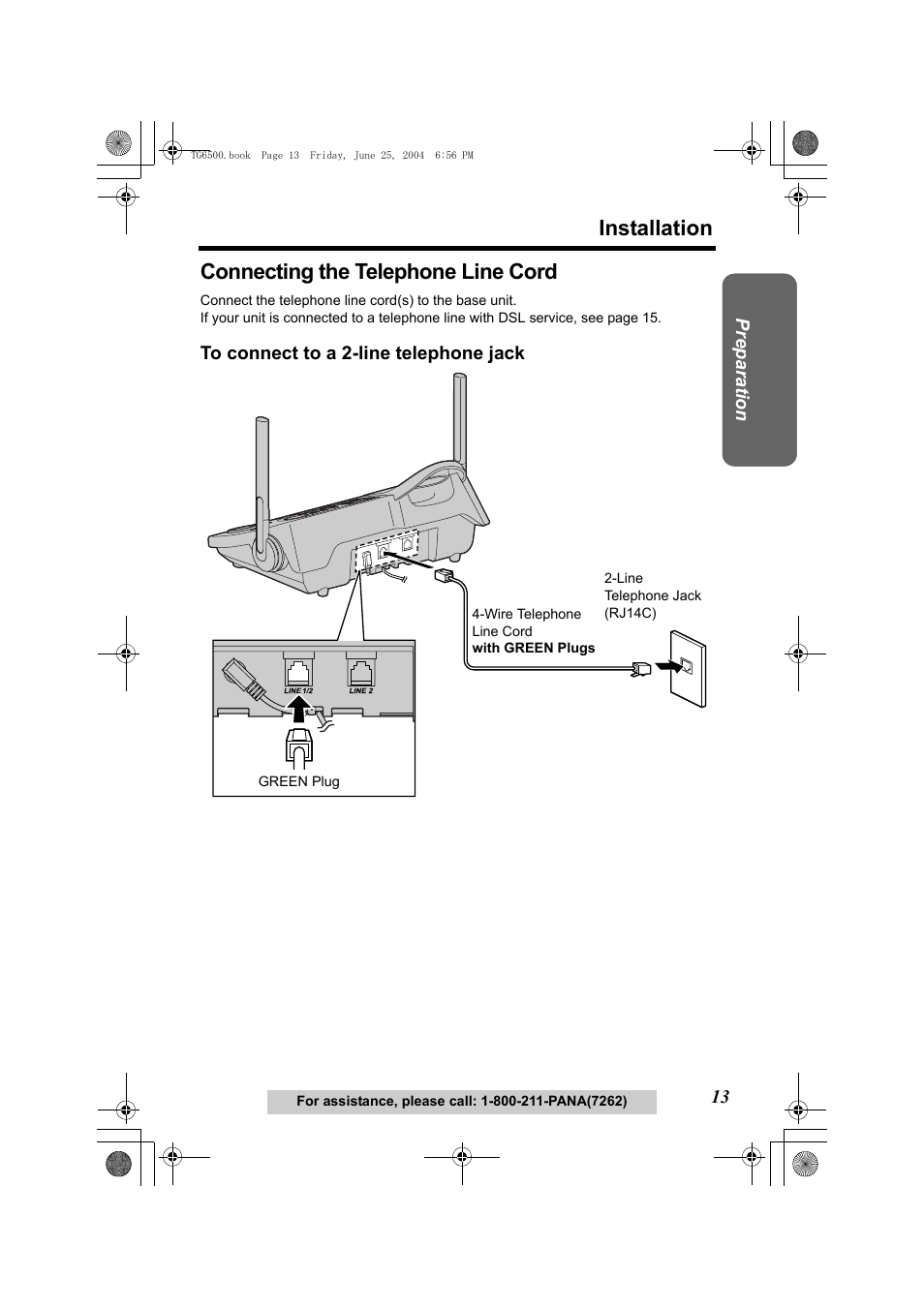 Connecting the telephone line cord, To connect to a 2-line telephone jack, P. 13 | Installation | Panasonic KX-TG6502 User Manual | Page 13 / 108