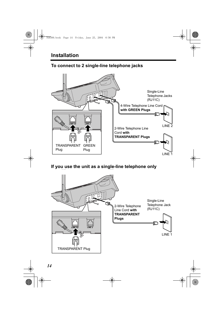 To connect to 2 single-line telephone jacks, Ugs (p. 14), Installation | Panasonic KX-TG6502 User Manual | Page 14 / 108