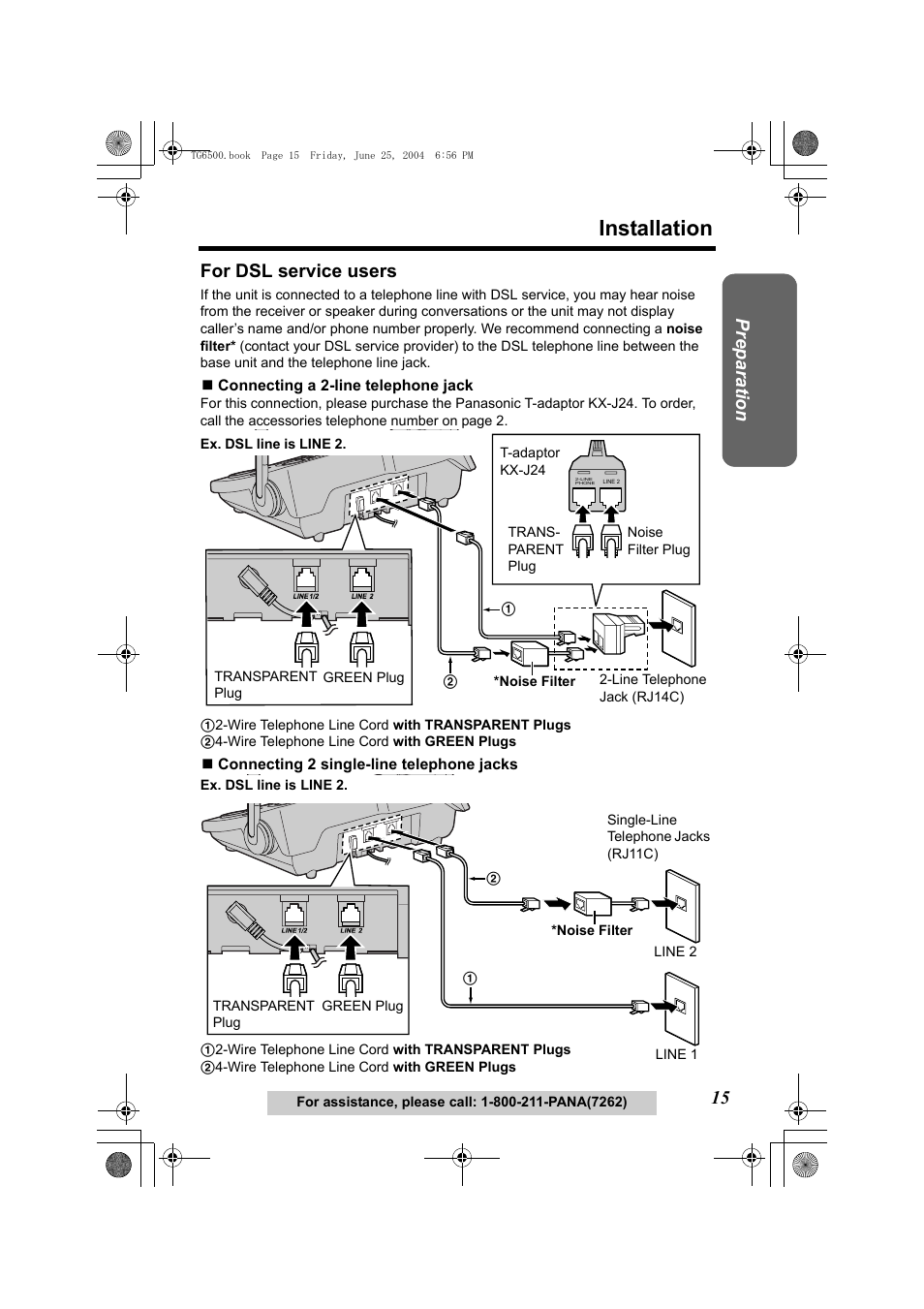 For dsl service users, Installation, Preparatio n | Panasonic KX-TG6502 User Manual | Page 15 / 108