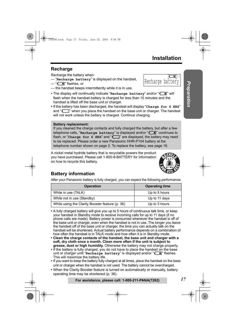 Recharge, Recharge battery, Battery information | P. 17), Charge contacts (p. 14), Installation, Preparatio n | Panasonic KX-TG6502 User Manual | Page 17 / 108