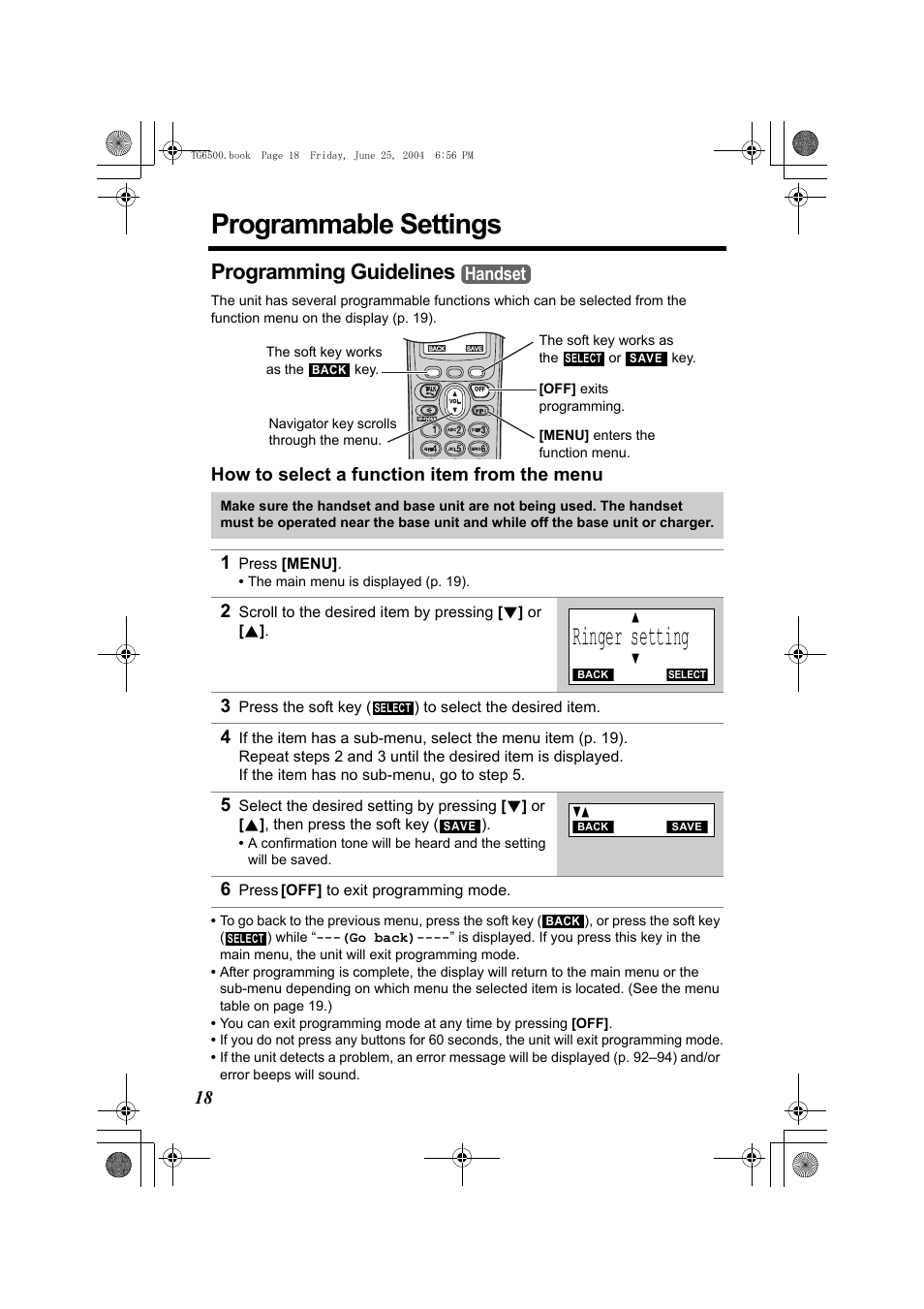 Programmable settings, Programming guidelines, How to select a function item from the menu | 1 press [menu, 2 scroll to the desired item by pressing [d] or [b, Ringer setting, 3 press the soft key () to select the desired item, 6 press [off] to exit programming mode, P. 18, P. 18) | Panasonic KX-TG6502 User Manual | Page 18 / 108