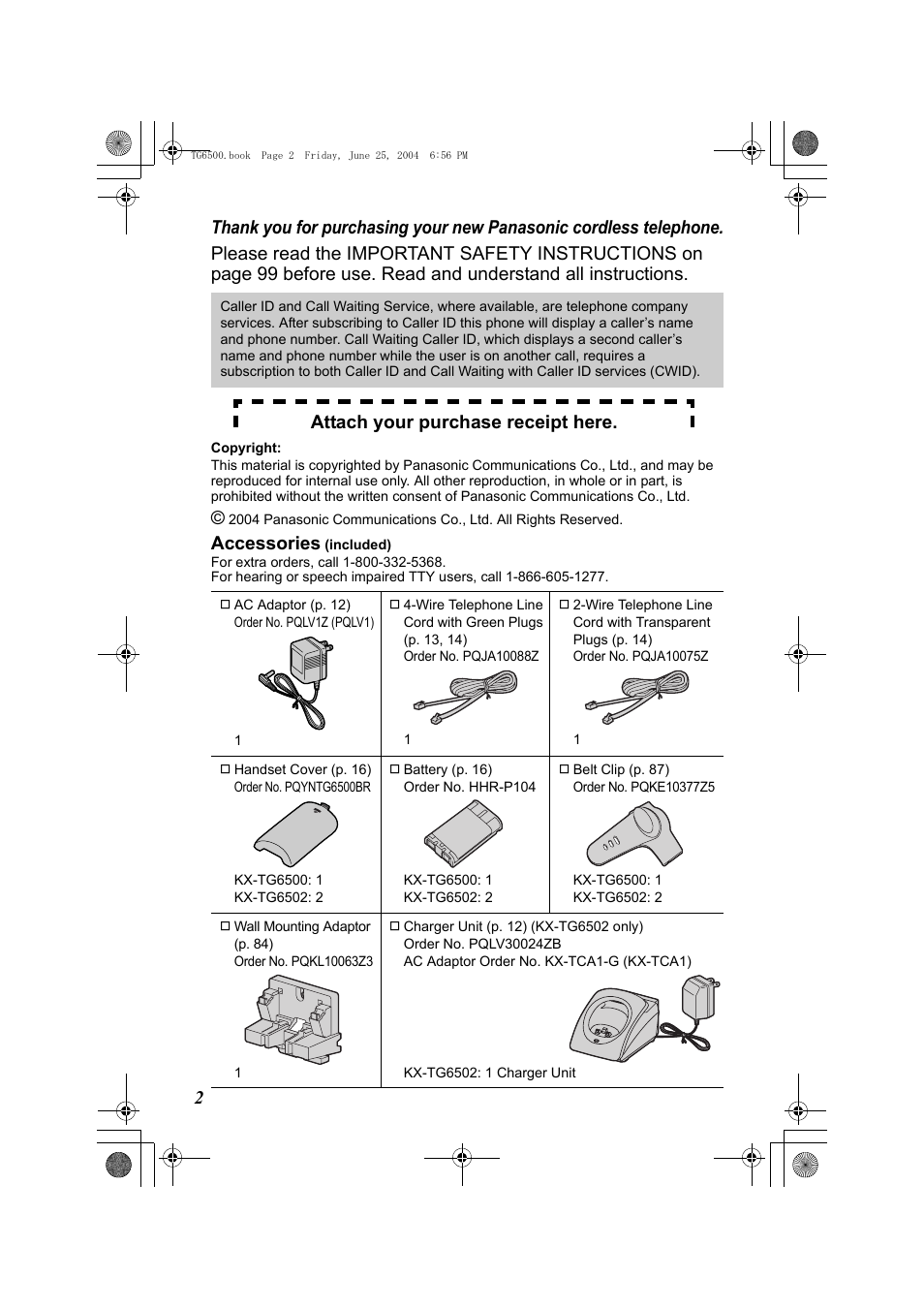 Accessories, Attach your purchase receipt here | Panasonic KX-TG6502 User Manual | Page 2 / 108