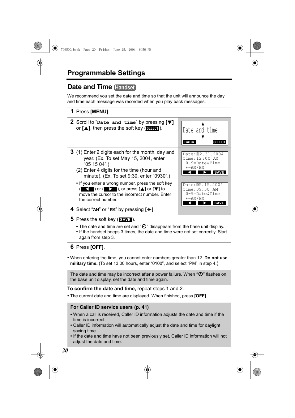 Date and time, 1 press [menu, 4 select “am” or “pm” by pressing | 5 press the soft key (), 6 press [off, P. 20), P. 20, Programmable settings, Handset | Panasonic KX-TG6502 User Manual | Page 20 / 108