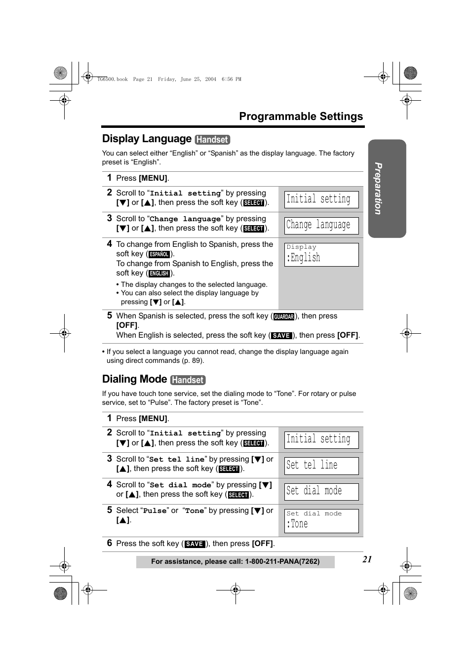 Display language, 1 press [menu, Initial setting | Change language, English, Dialing mode, Set tel line, Set dial mode, 5 select “pulse” or “tone” by pressing [d] or [b, Tone | Panasonic KX-TG6502 User Manual | Page 21 / 108