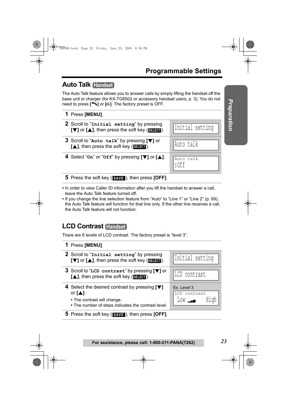 Auto talk, 1 press [menu, Initial setting | 4 select “on” or “off” by pressing [d] or [b, 5 press the soft key (), then press [off, Lcd contrast, Low high, P. 23, Programmable settings | Panasonic KX-TG6502 User Manual | Page 23 / 108