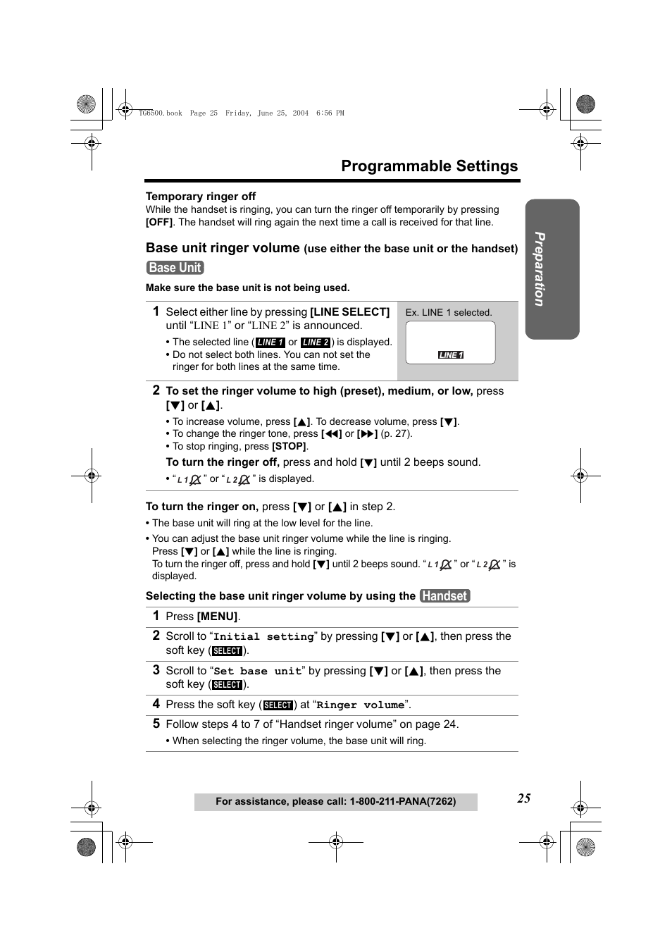 1 press [menu, 4 press the soft key () at “ringer volume, P. 25, 28 | P. 25), P. 25, Programmable settings, Preparatio n, Base unit ringer volume, Base unit, Handset | Panasonic KX-TG6502 User Manual | Page 25 / 108