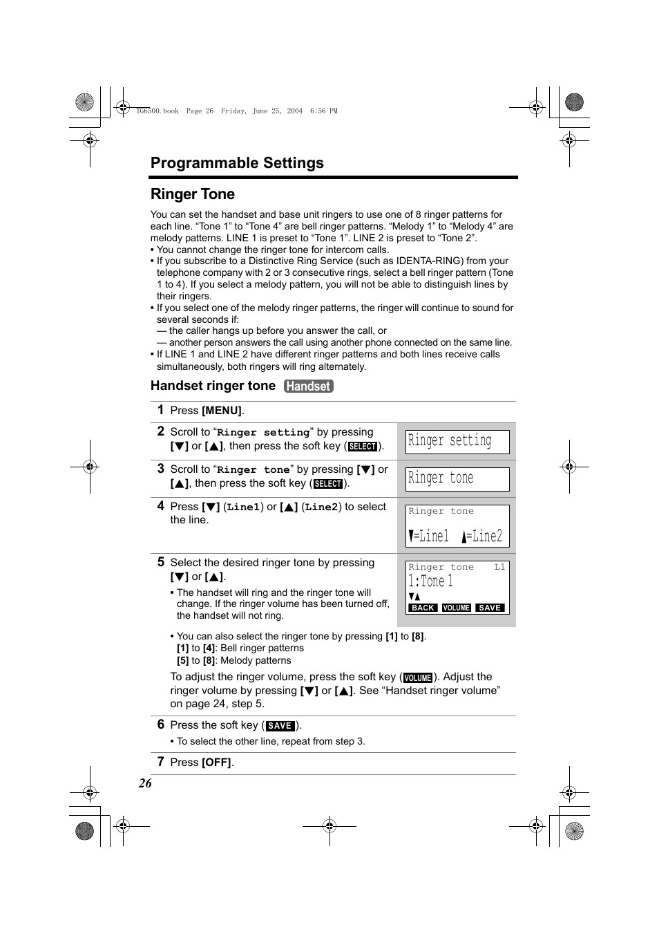 Ringer tone, 1 press [menu, Ringer setting | D=line1 b=line2, Tone 1, 6 press the soft key (), 7 press [off, P. 26, Line1, Line2 | Panasonic KX-TG6502 User Manual | Page 26 / 108
