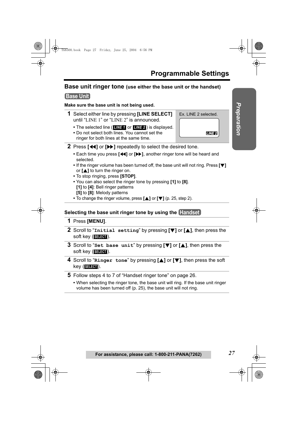 1 press [menu, P. 27, Programmable settings | Panasonic KX-TG6502 User Manual | Page 27 / 108