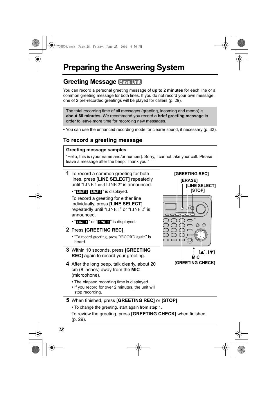 Preparing the answering system, Greeting message, To record a greeting message | 2 press [greeting rec, 5 when finished, press [greeting rec] or [stop, P. 28), P. 28, Base unit | Panasonic KX-TG6502 User Manual | Page 28 / 108