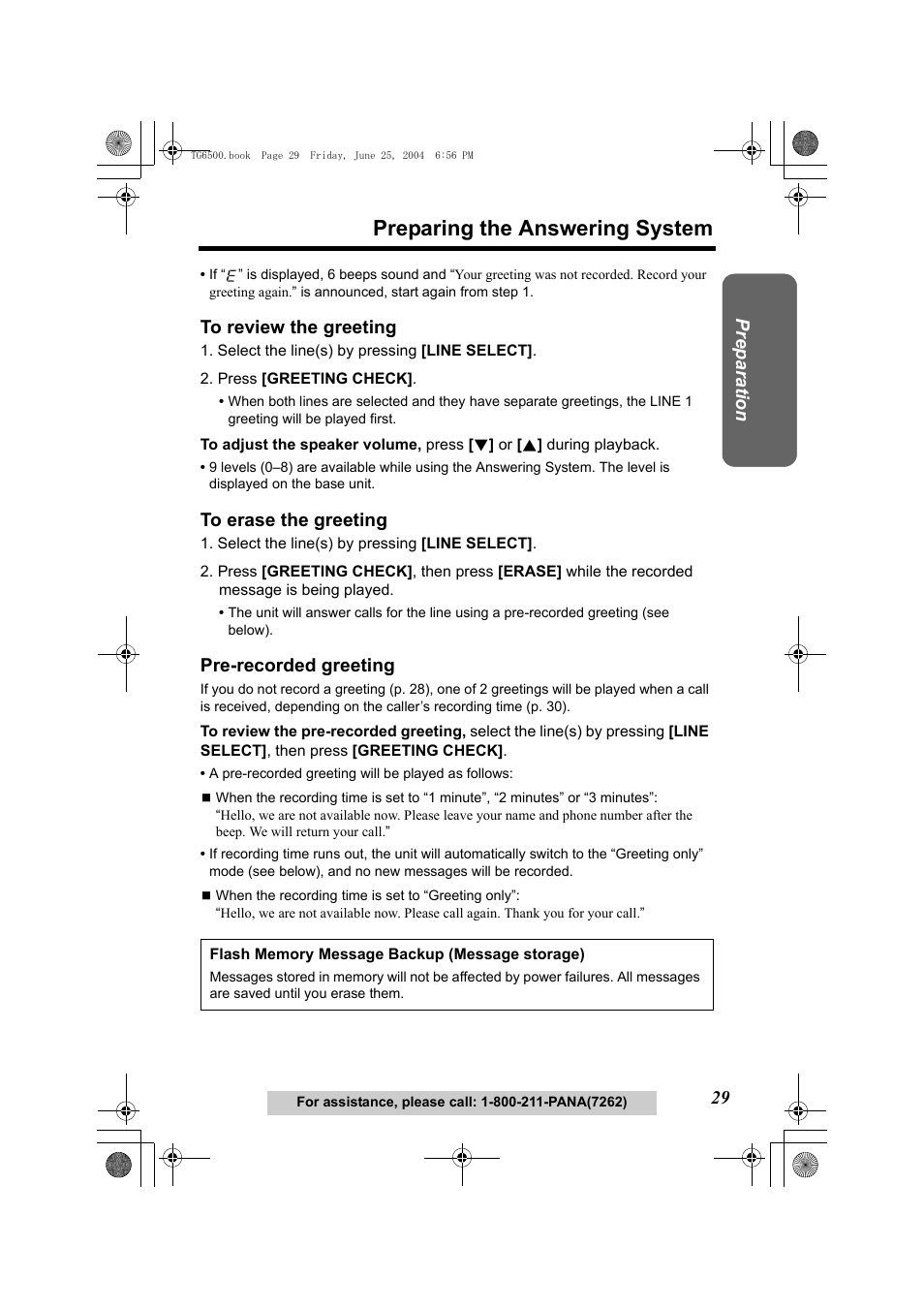 To review the greeting, Select the line(s) by pressing [line select, Press [greeting check | To erase the greeting, Pre-recorded greeting, P. 29), P. 29, Ges (p. 29, Preparing the answering system | Panasonic KX-TG6502 User Manual | Page 29 / 108