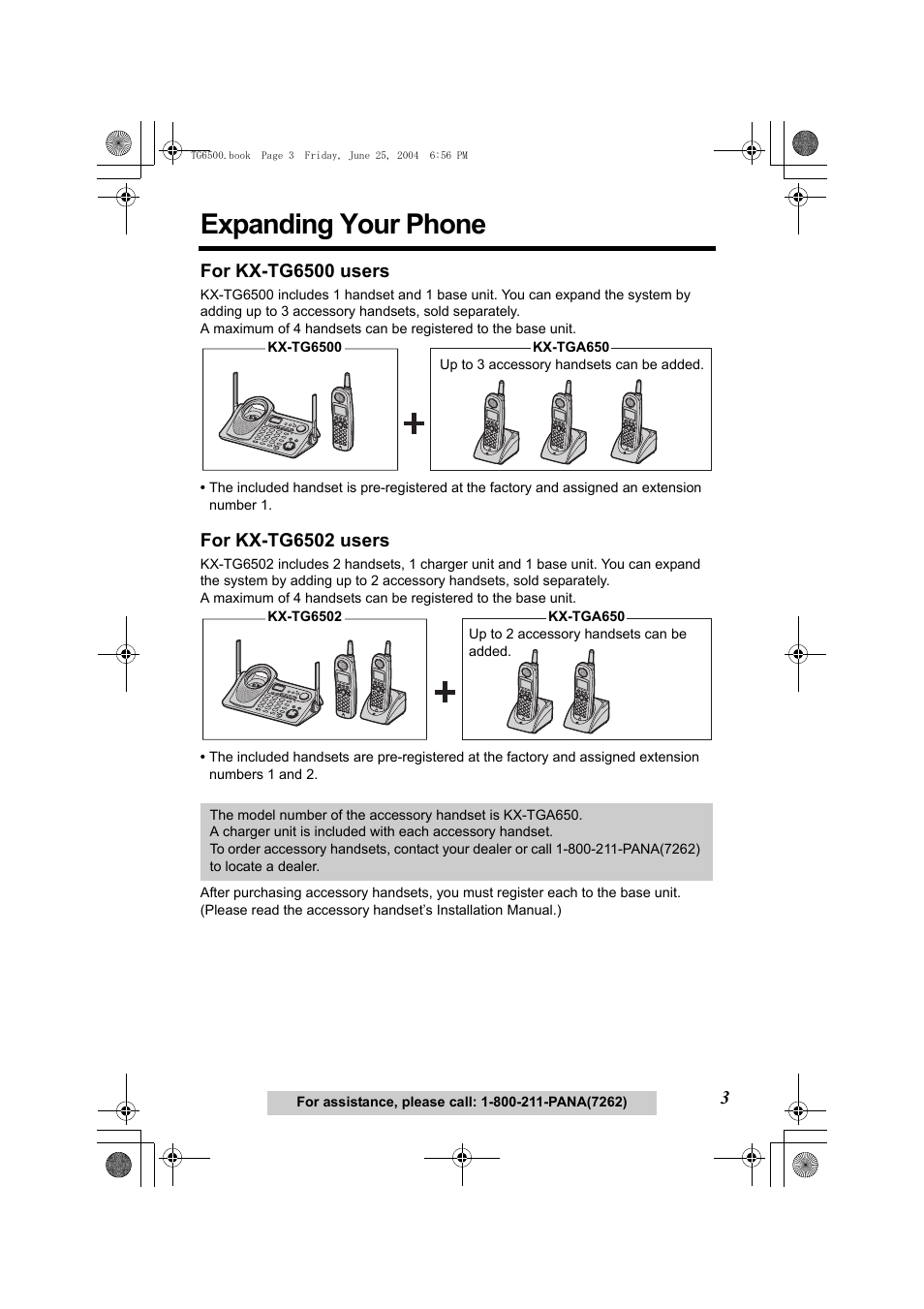 Expanding your phone, For kx-tg6500 users, For kx-tg6502 users | Panasonic KX-TG6502 User Manual | Page 3 / 108