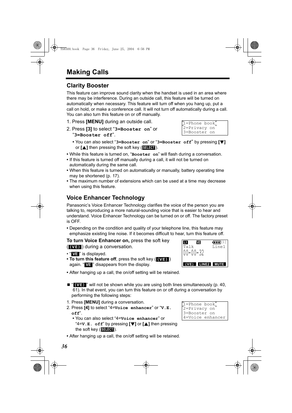 Clarity booster, Press [menu] during an outside call, Voice enhancer technology | Press [menu] during a conversation, P. 36), P. 36, Making calls, 36 clarity booster | Panasonic KX-TG6502 User Manual | Page 36 / 108
