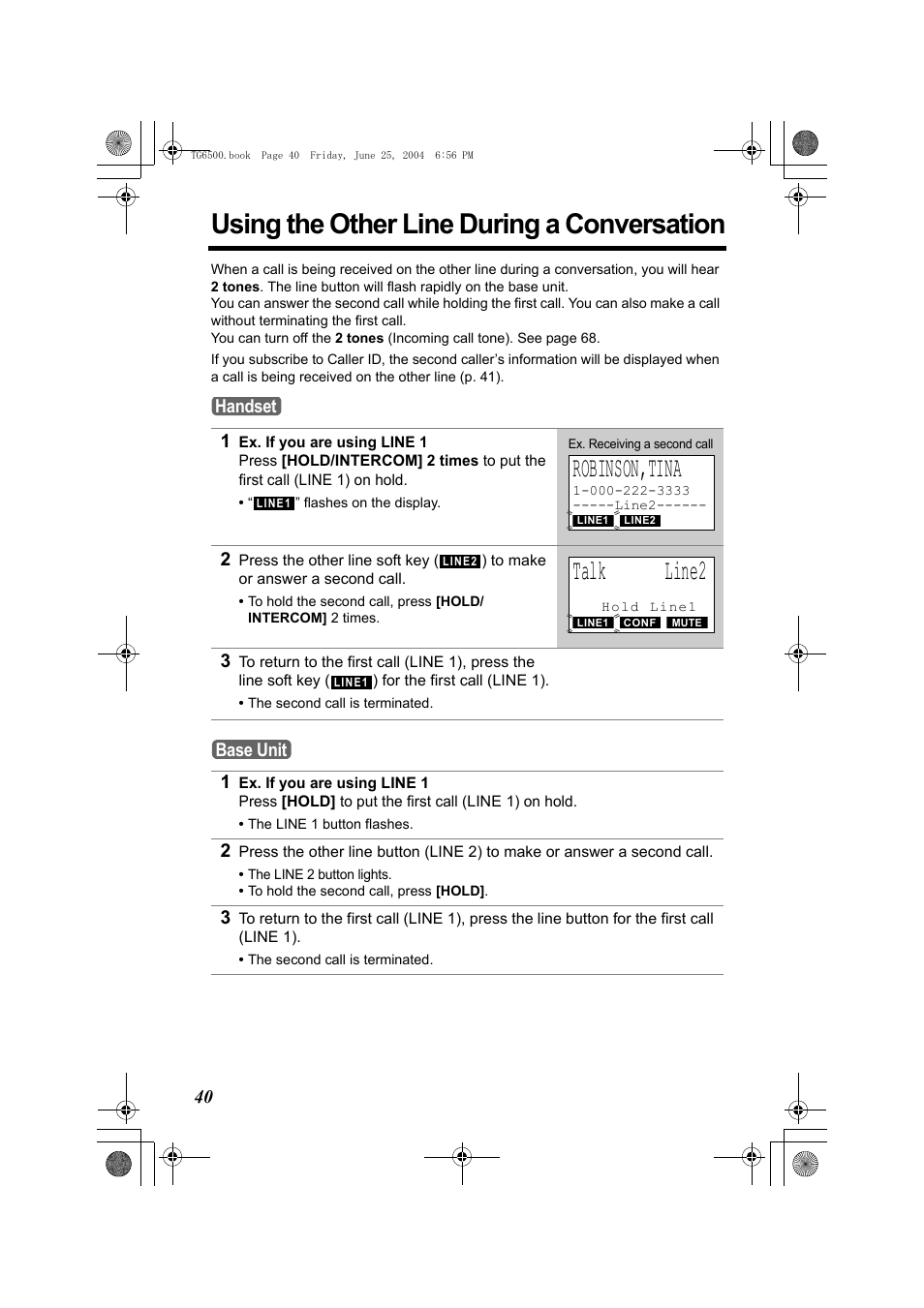 Using the other line during a conversation, Robinson,tina, Talk line2 | Handset, Base unit | Panasonic KX-TG6502 User Manual | Page 40 / 108