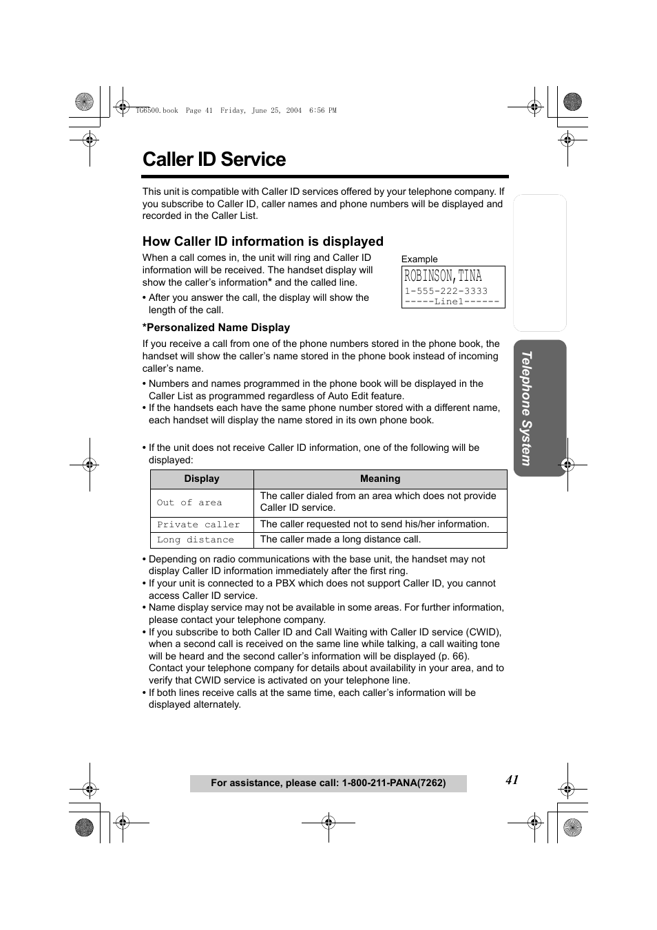 Caller id service, How caller id information is displayed, Robinson,tina | Panasonic KX-TG6502 User Manual | Page 41 / 108