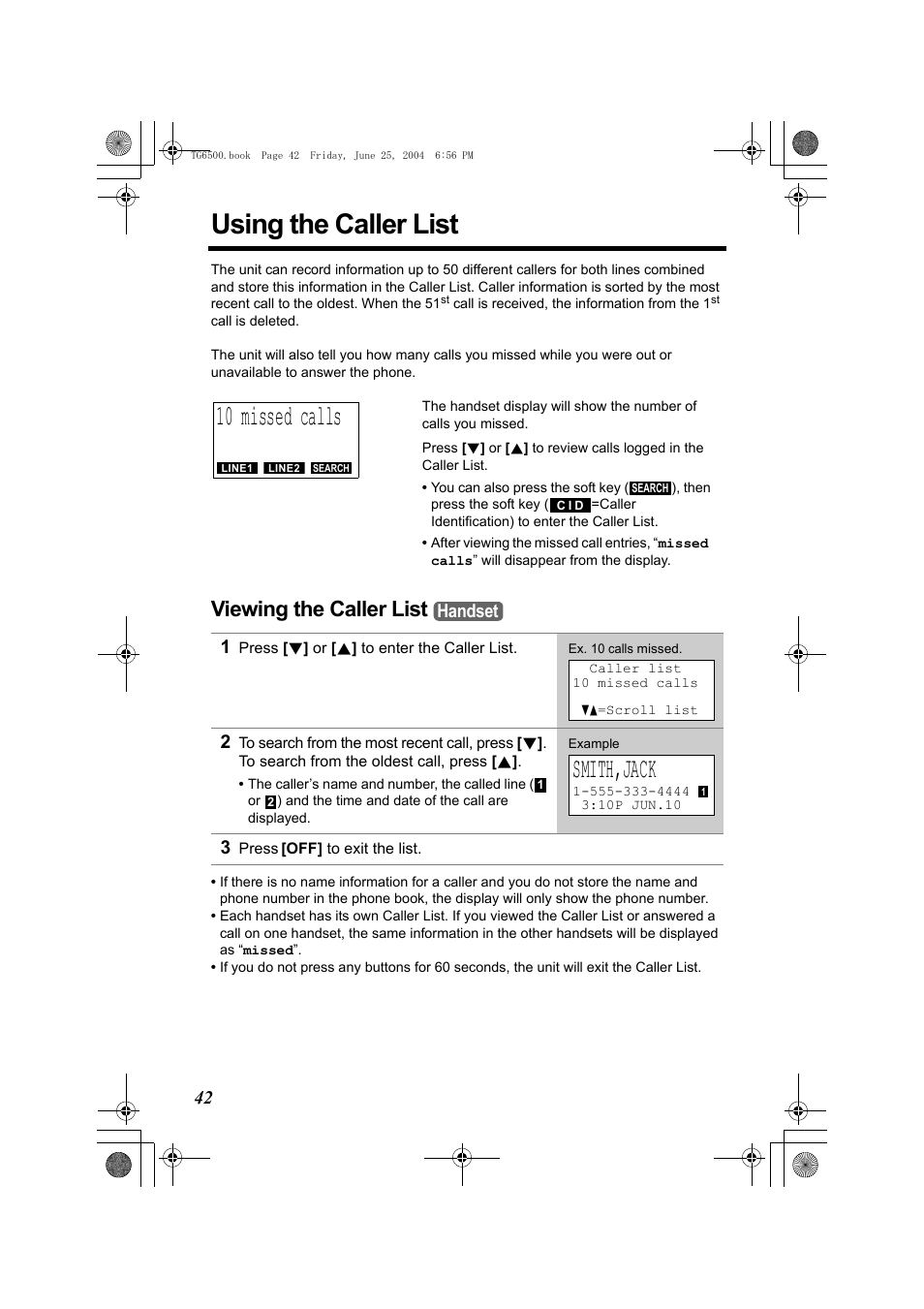 Using the caller list, 10 missed calls, Viewing the caller list | 1 press [d] or [b] to enter the caller list, Smith,jack, 3 press [off] to exit the list, Handset | Panasonic KX-TG6502 User Manual | Page 42 / 108