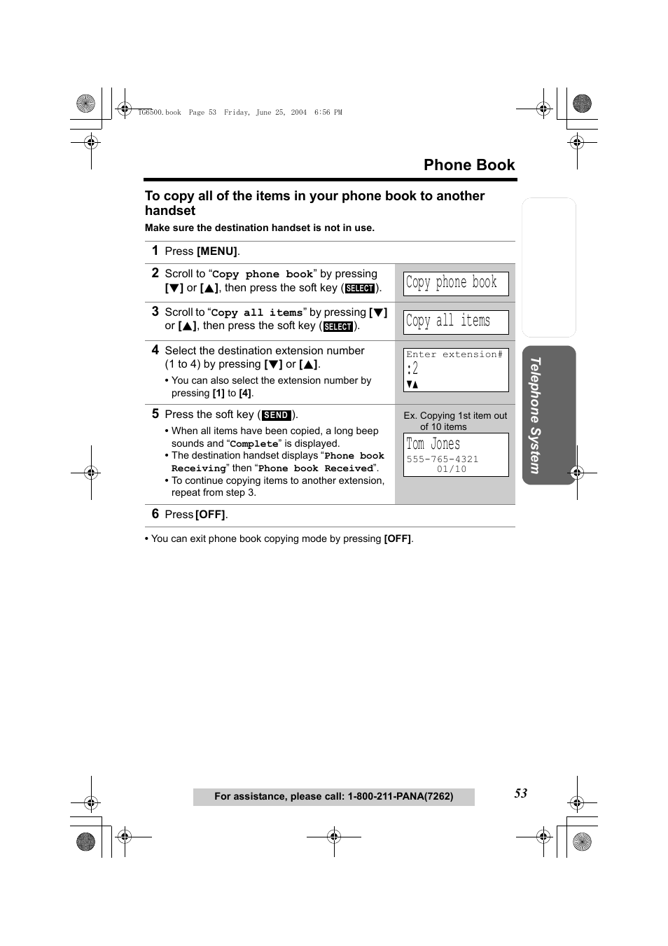 1 press [menu, Copy phone book, Copy all items | 5 press the soft key (), Tom jones, 6 press [off, P. 53, Phone book | Panasonic KX-TG6502 User Manual | Page 53 / 108