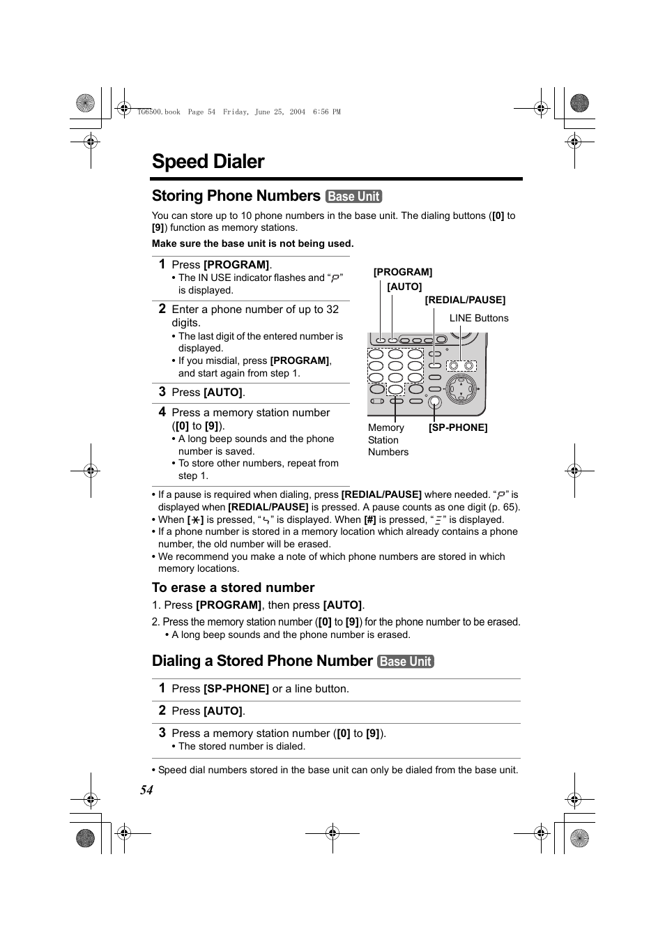Speed dialer, Storing phone numbers, 1 press [program | 2 enter a phone number of up to 32 digits, 3 press [auto, 4 press a memory station number ([0] to [9]), To erase a stored number, Press [program], then press [auto, Dialing a stored phone number, 1 press [sp-phone] or a line button | Panasonic KX-TG6502 User Manual | Page 54 / 108