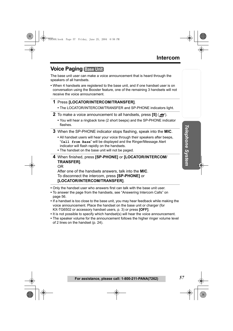 Voice paging, 1 press [locator/intercom/transfer, Intercom | Panasonic KX-TG6502 User Manual | Page 57 / 108