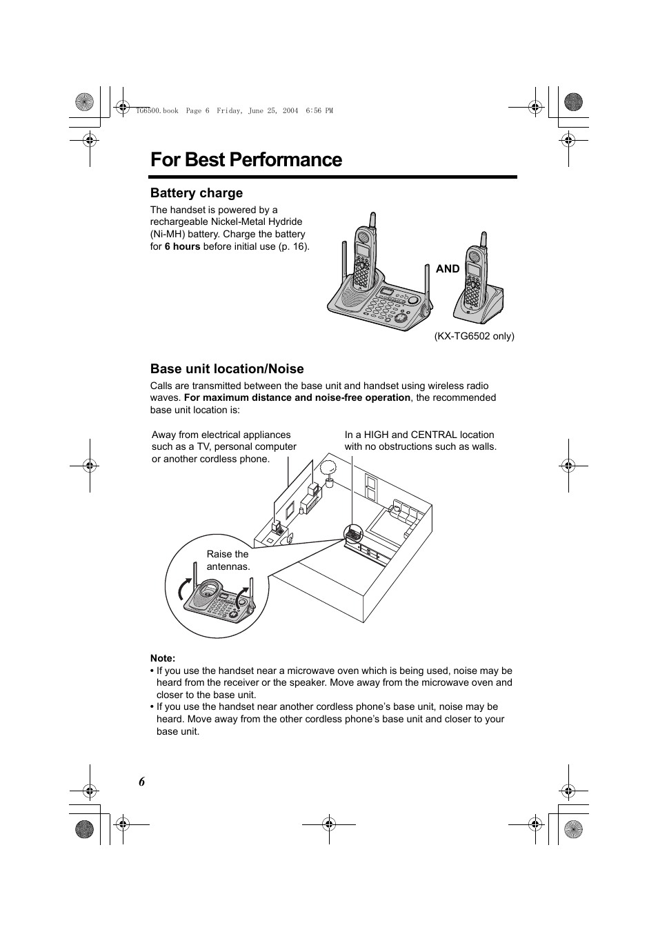 For best performance, Battery charge, Base unit location/noise | Panasonic KX-TG6502 User Manual | Page 6 / 108